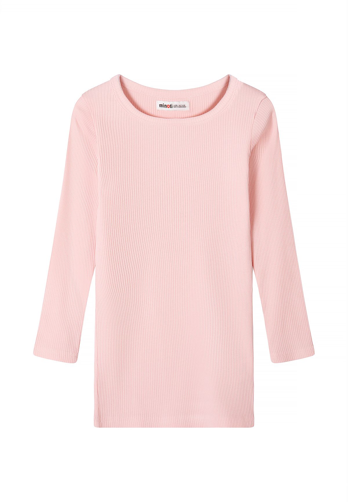 Front of pale-pink fine-rib dress with round neck and long sleeves.