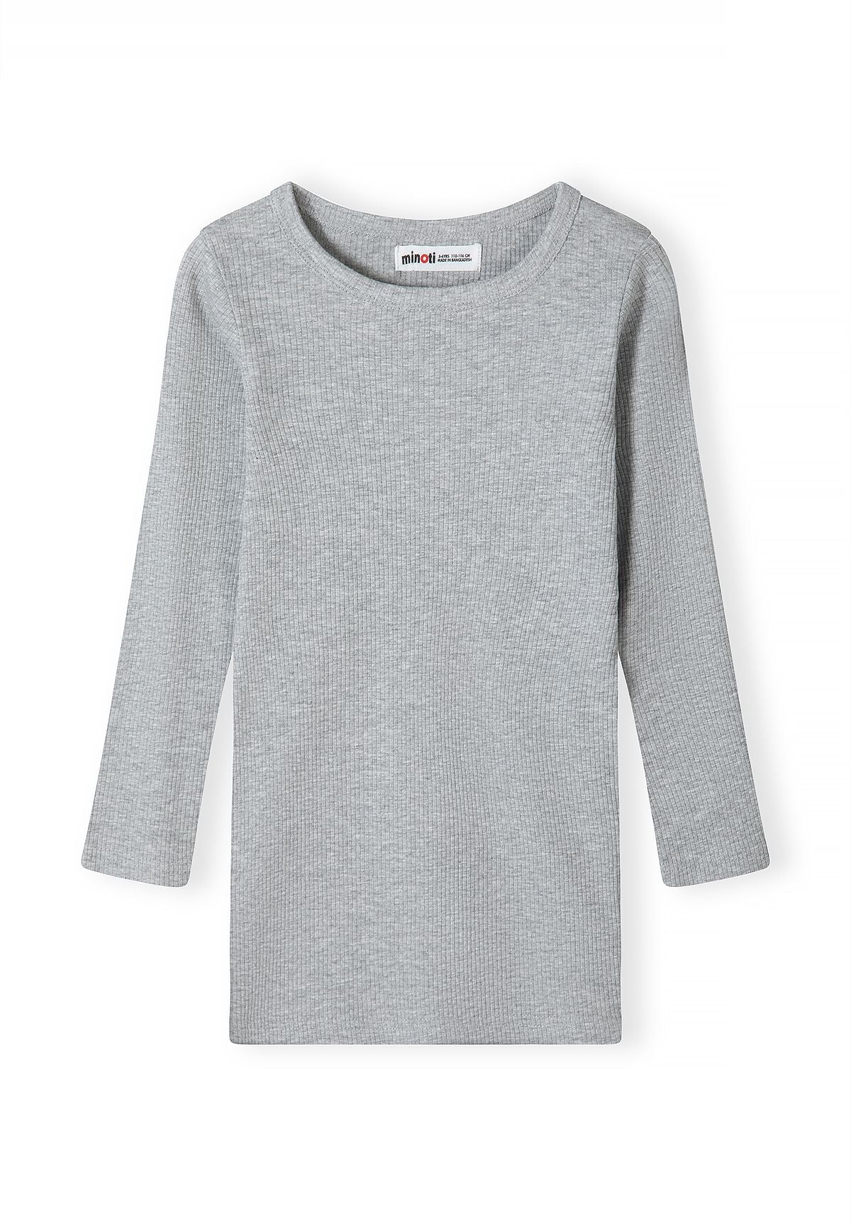 Front of plain light-grey ribbed long-sleeved dress with round neckline.