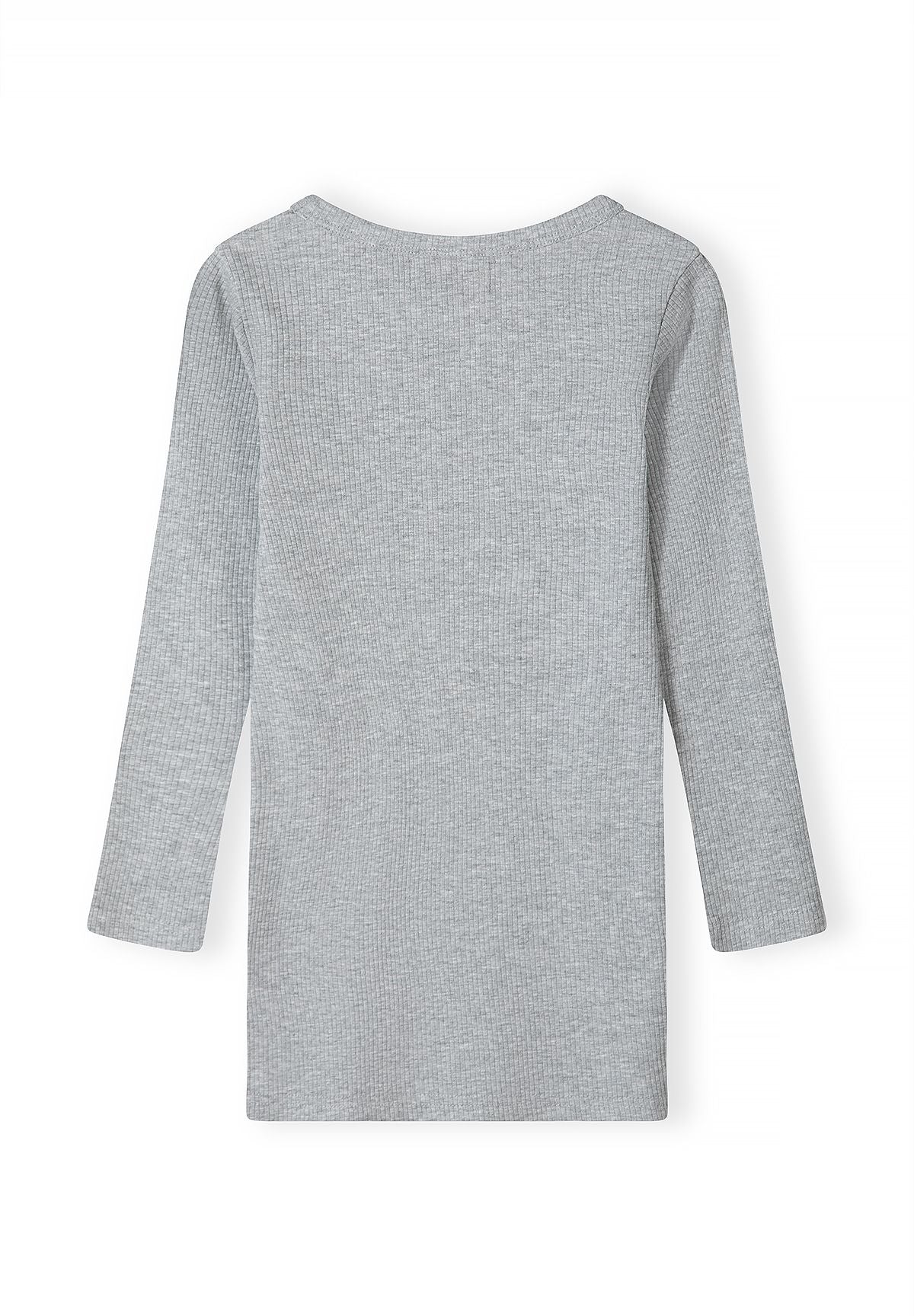 Back of plain light-grey ribbed dress with long sleeves and straight hem.