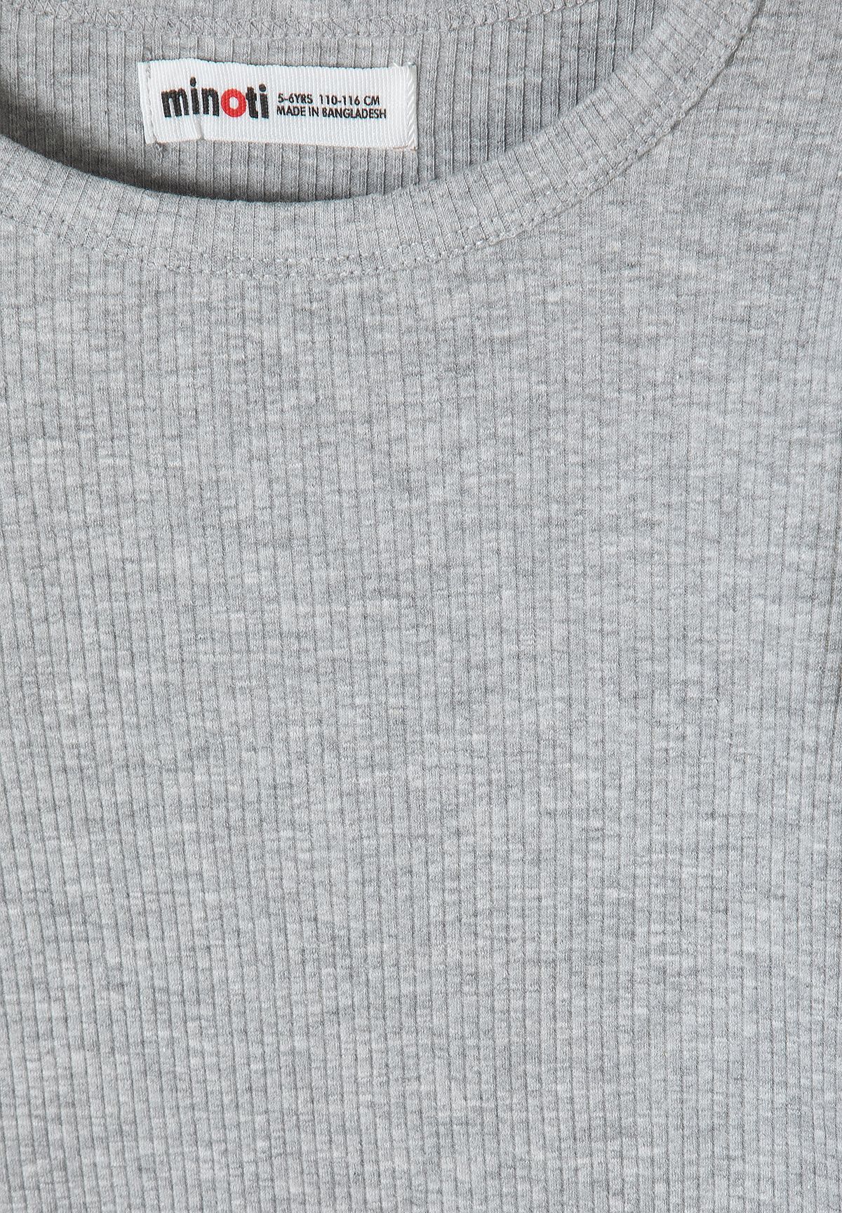 Close-up of plain heather-grey ribbed fabric and round dress neckline.