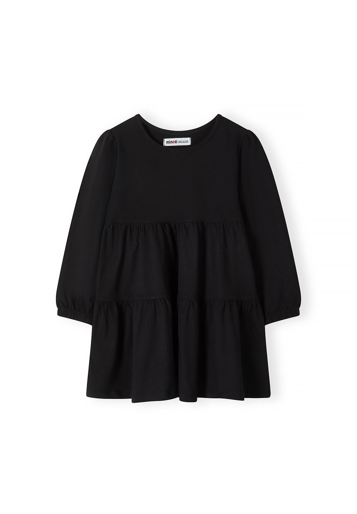 Front of plain black tiered dress with long puffed sleeves and round neck.