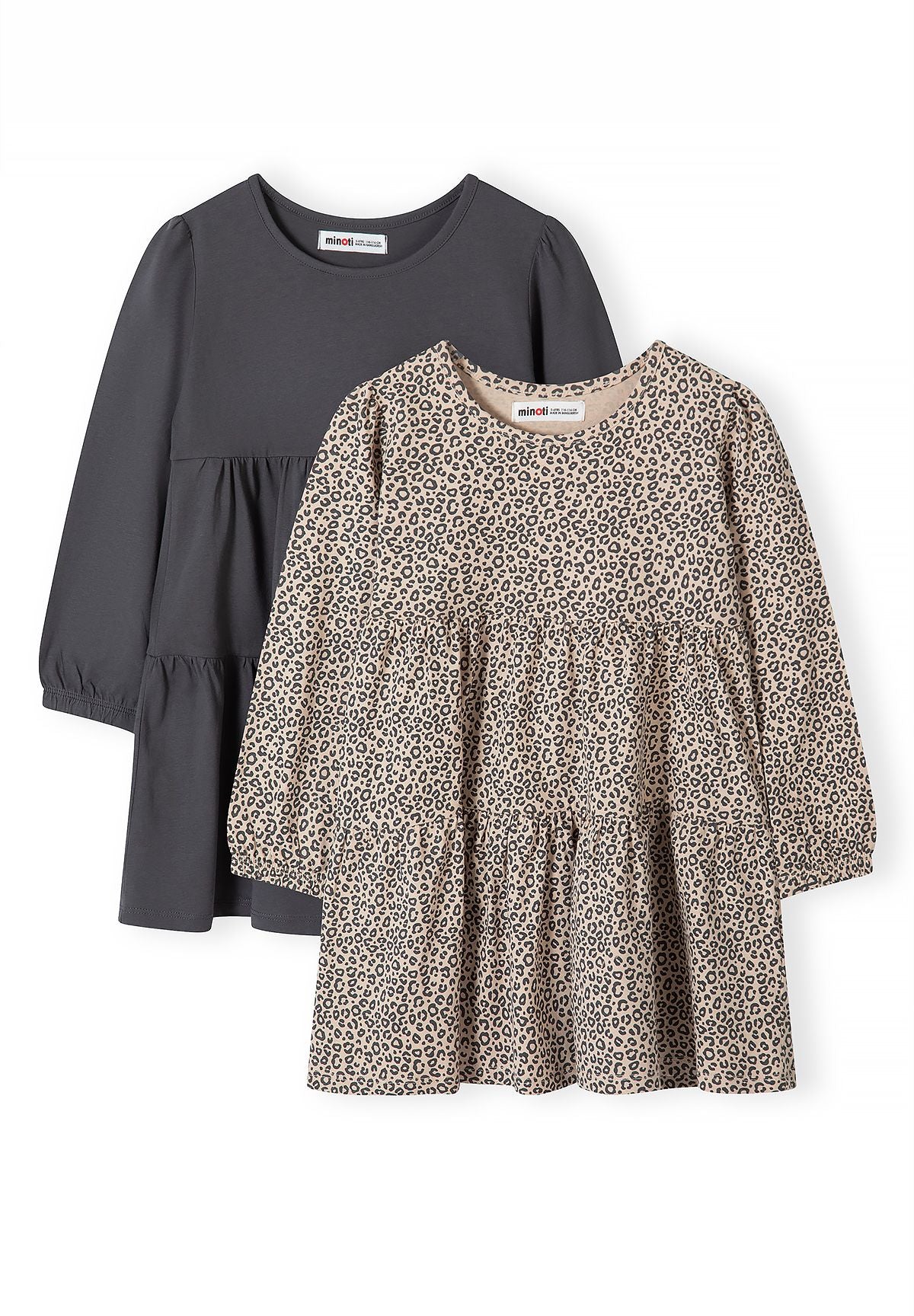 Front of charcoal and sand leopard-print long-sleeved tiered dresses.