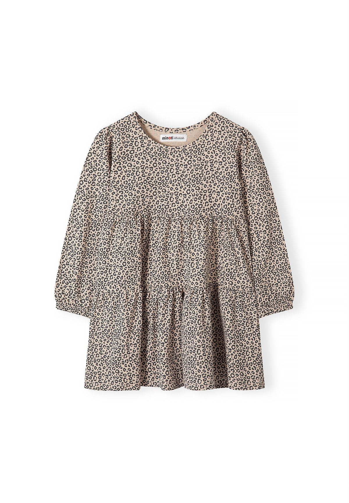 Front of sand leopard-print tiered dress with long puffed sleeves.