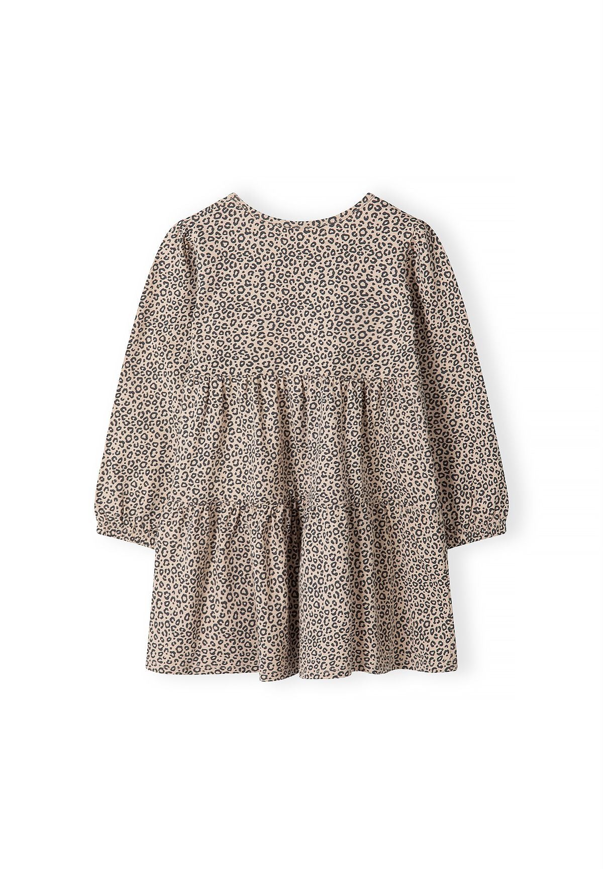 Back of sand leopard-print dress with gathered waist and lower skirt tier.