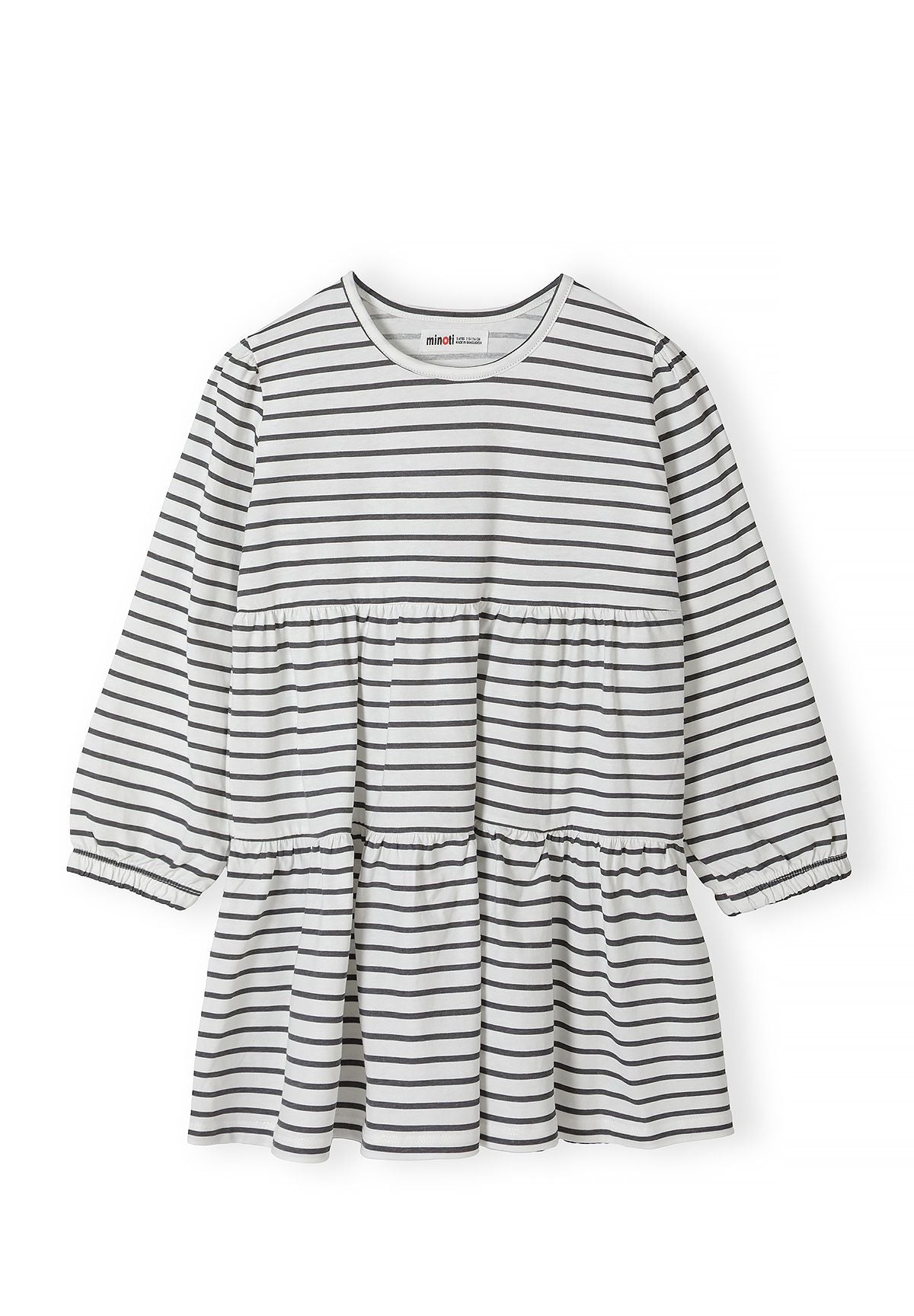 Front of white girls' tiered dress with narrow charcoal stripes and long sleeves.