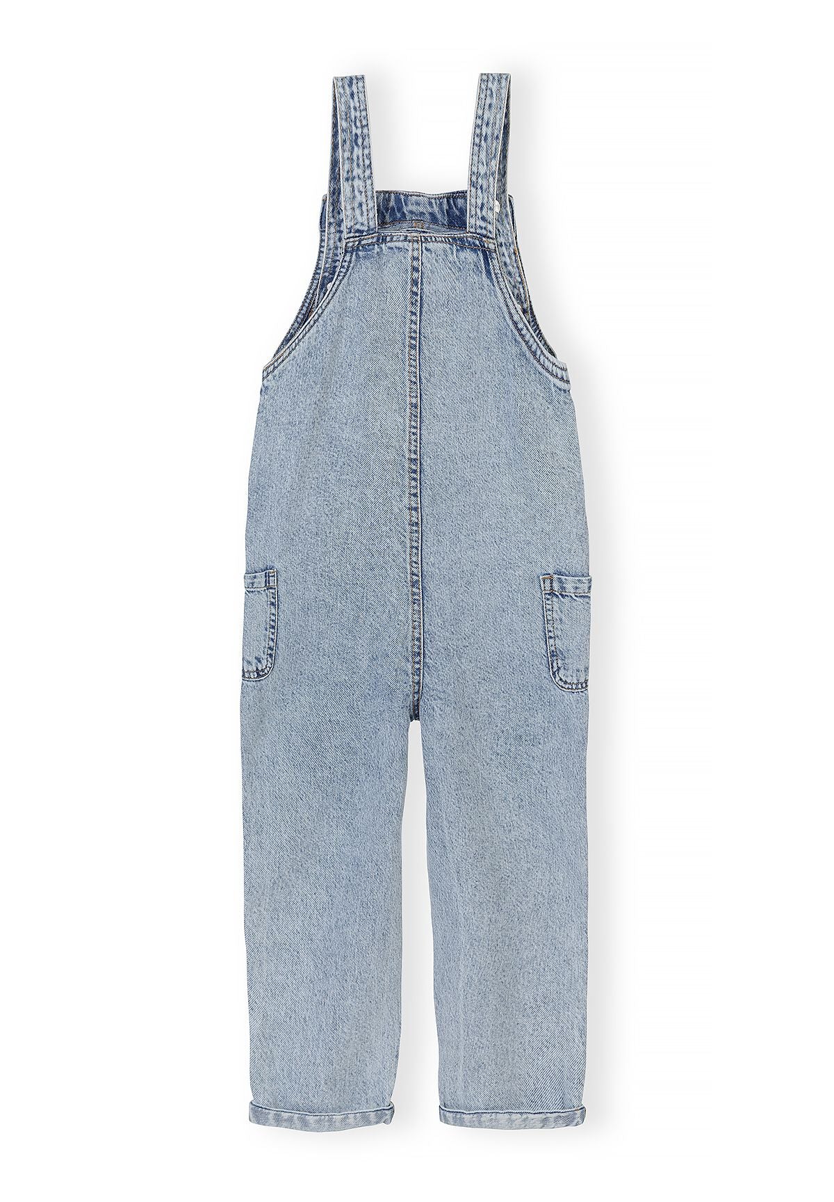 Back of light blue denim dungarees with crossed-back straps, side patch pockets and rolled hems.