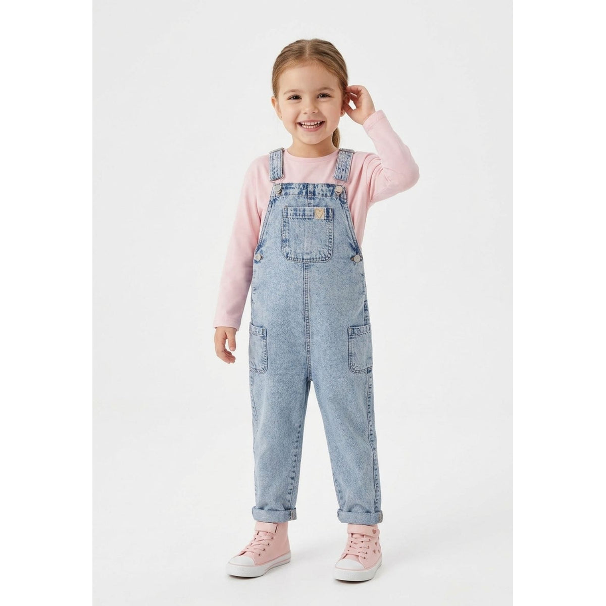 Girls' denim dungarees with adjustable straps in light blue — complete product view for square Shop card