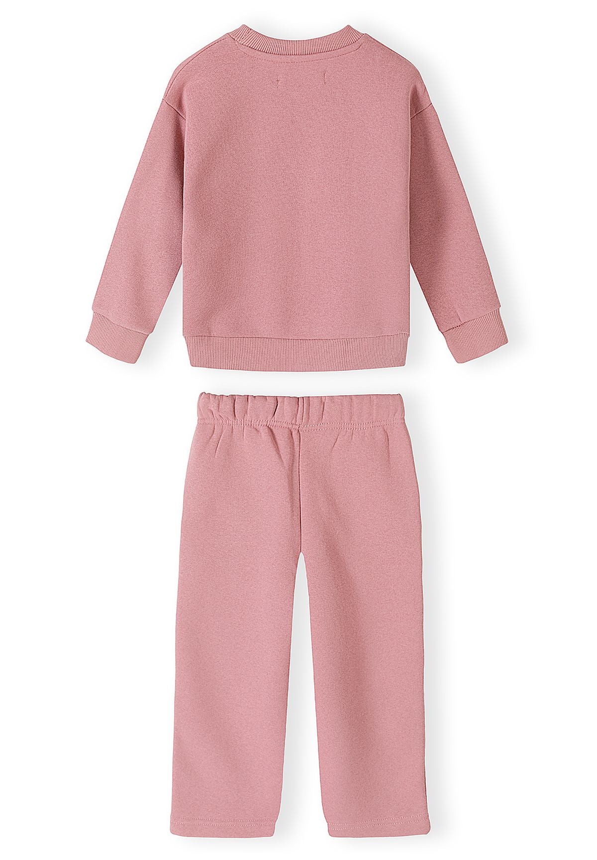 Set composto da felpa rosa con coniglietto e pantaloni a gamba larga da bambina, felpa e pantaloni, vista posteriore.