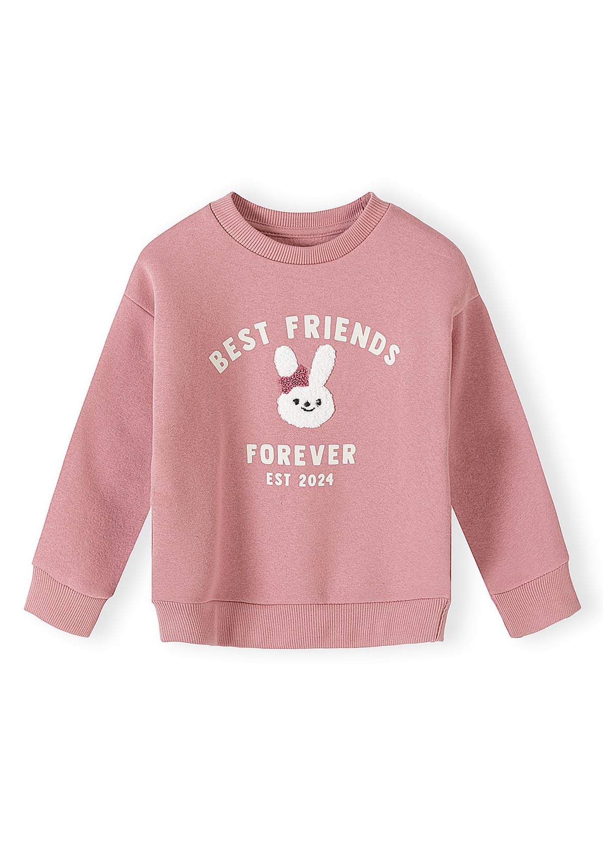 Set composto da felpa rosa con coniglietto e pantaloni a gamba larga per bambina, felpa, vista frontale.