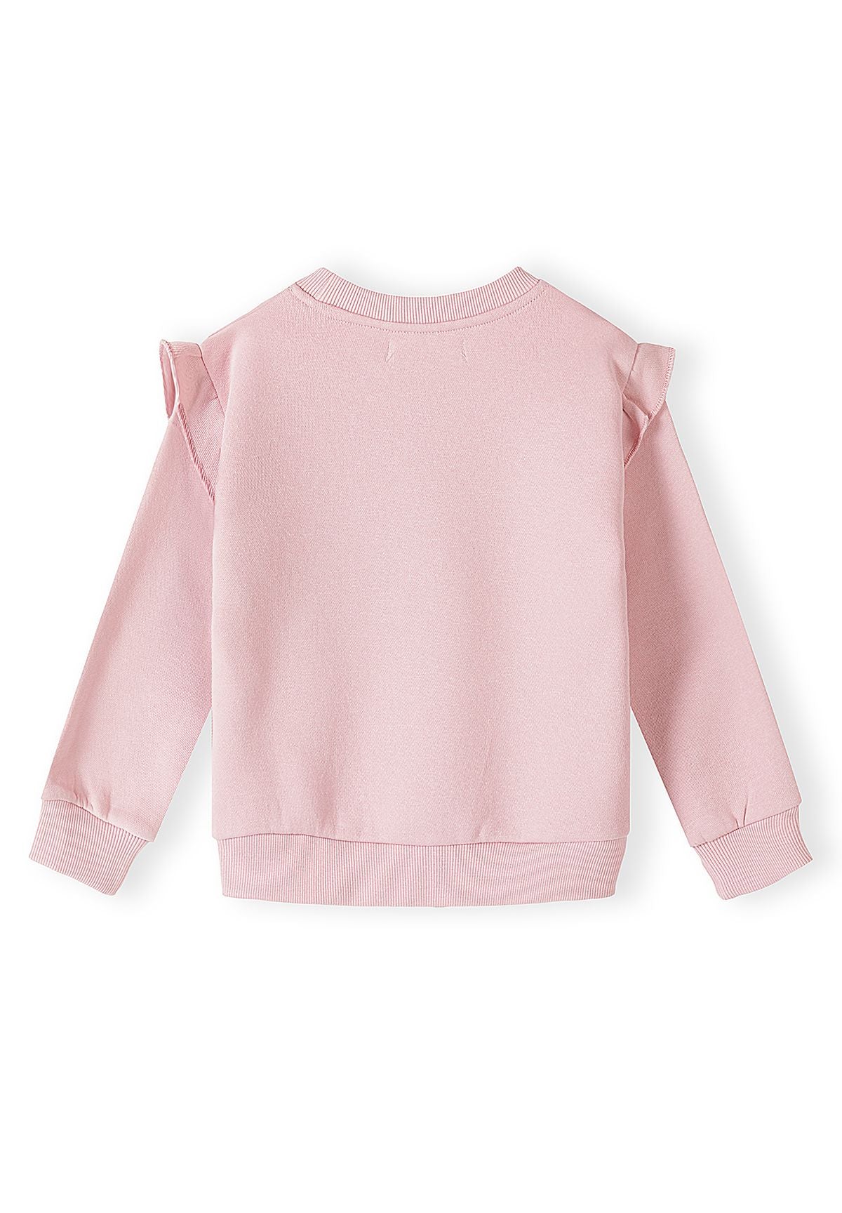 Survêtement rose à volants pour fille, composé d'un sweat-shirt et d'un pantalon de jogging, vue arrière du sweat-shirt.