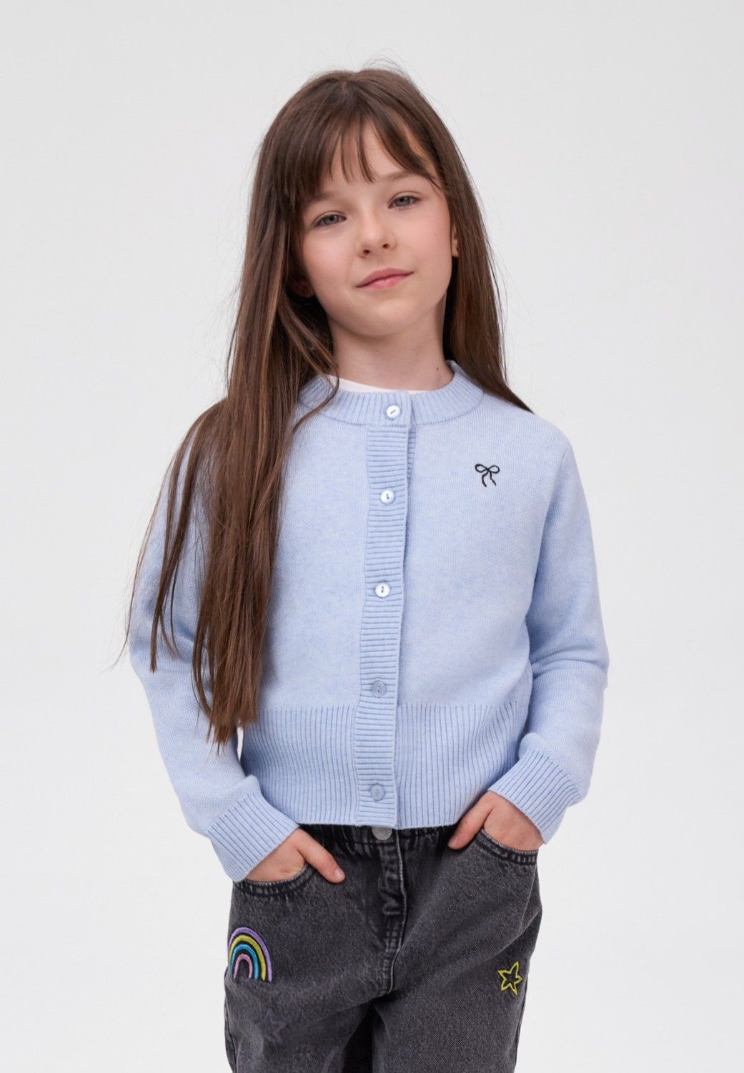 Girls' blue knitted cardigan with an embroidered bow – Minoti 32KNIT150