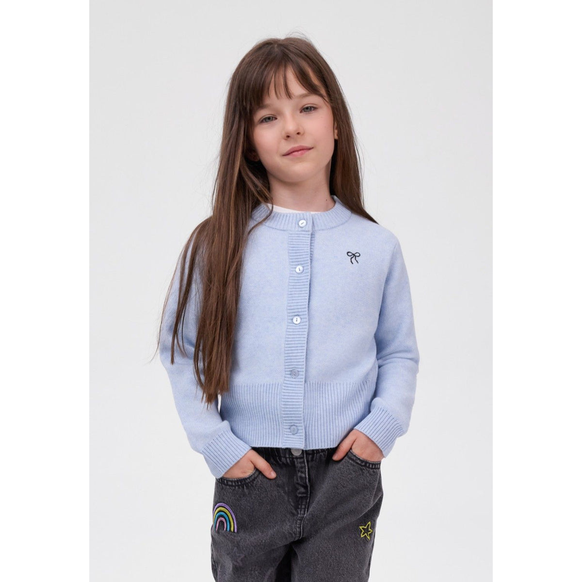 Cropped cardigan with bow embroidery — complete product view for square Shop card