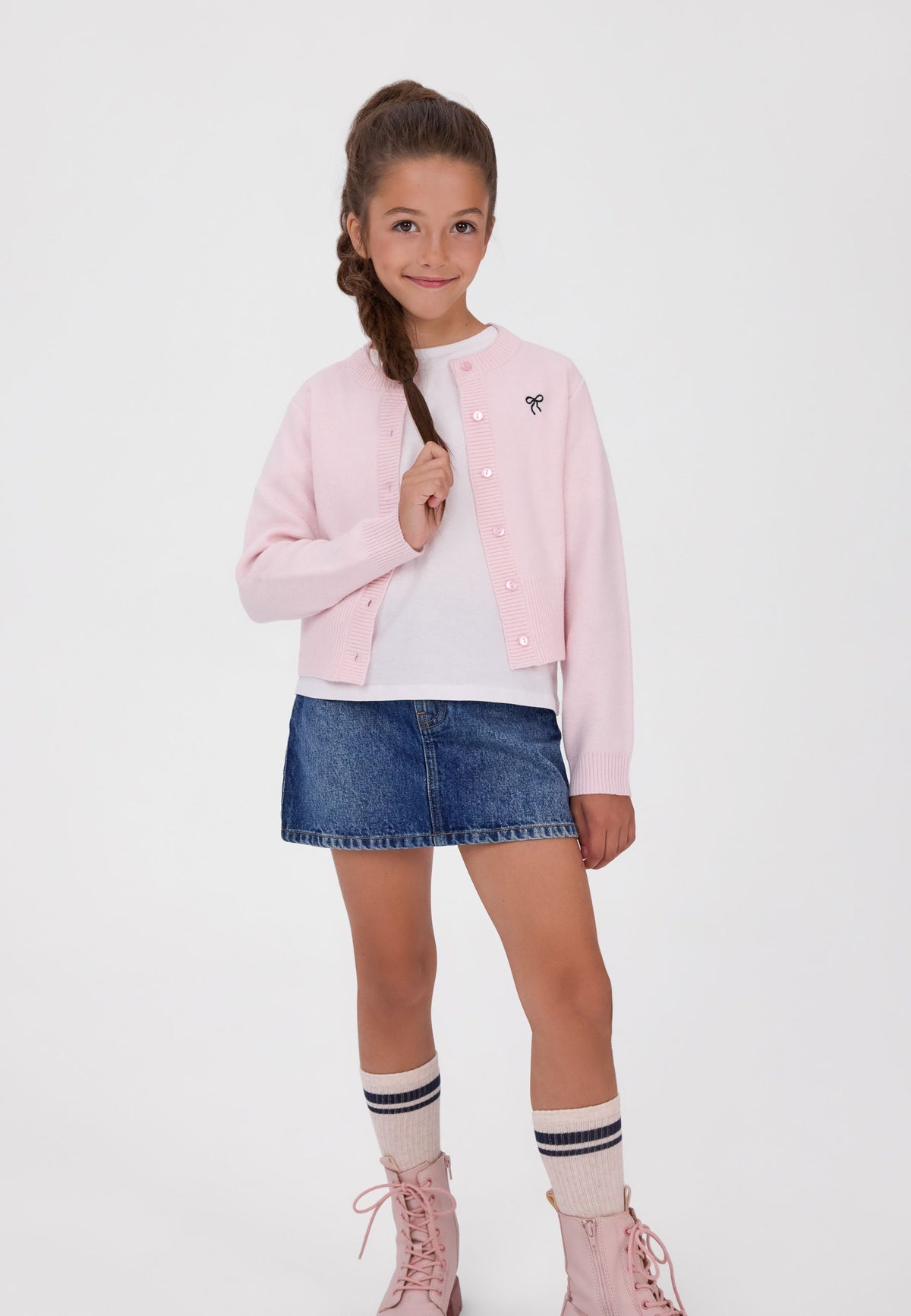 Girls' pink knitted cardigan with an embroidered bow – Minoti 32KNIT152, 4