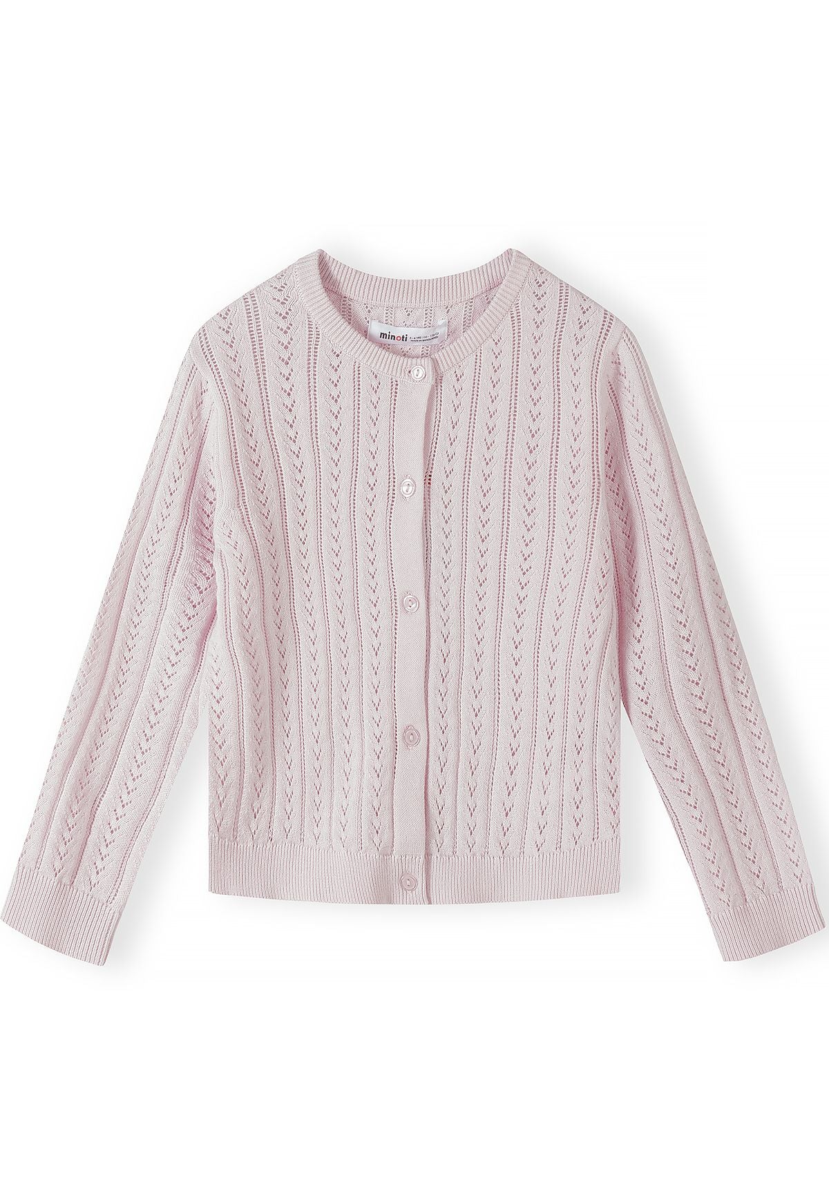 Girls' pink pointelle cardigan with a ribbed round neck – Minoti 32KNIT154