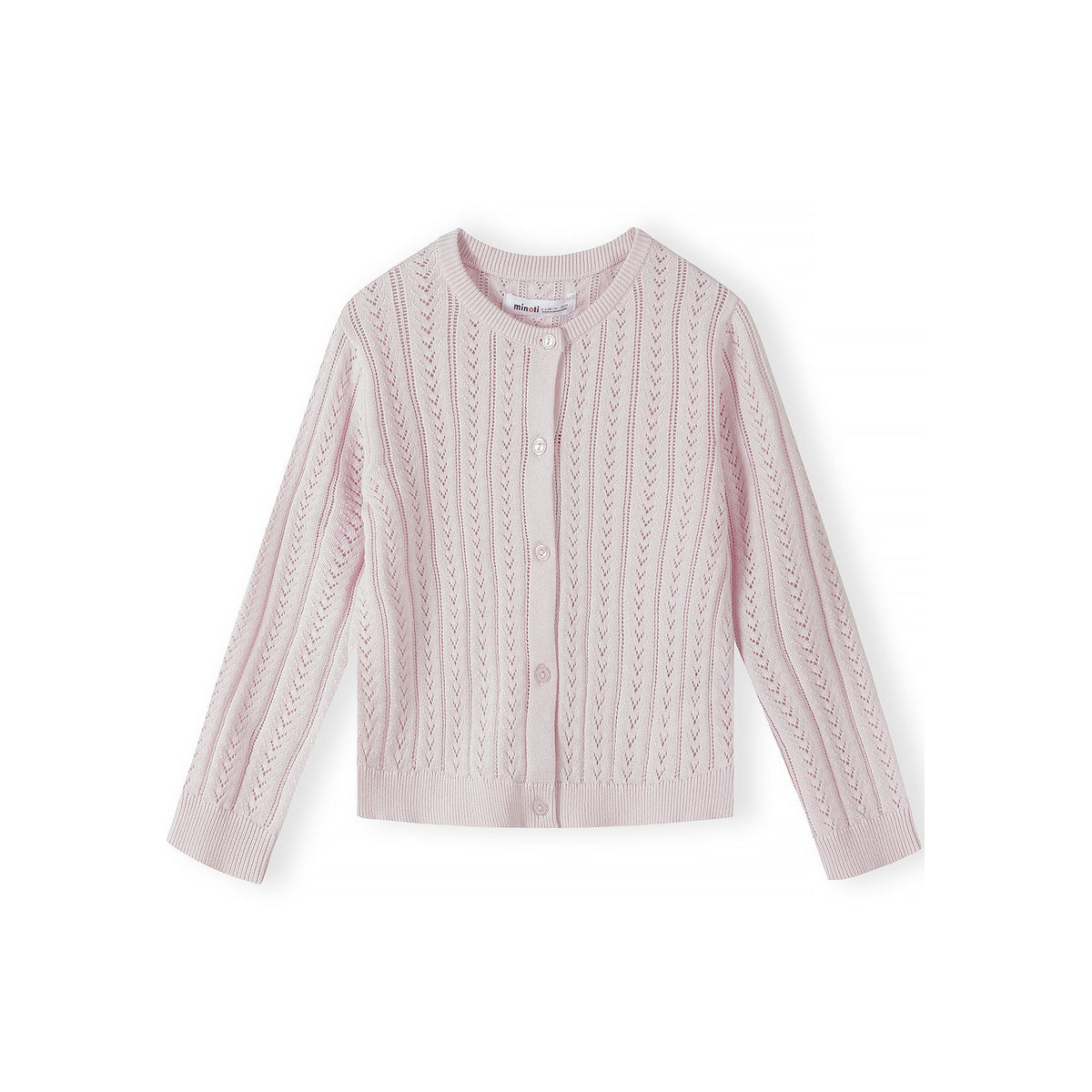 Girls' pointelle cardigan in pale pink — complete product view for square Shop card