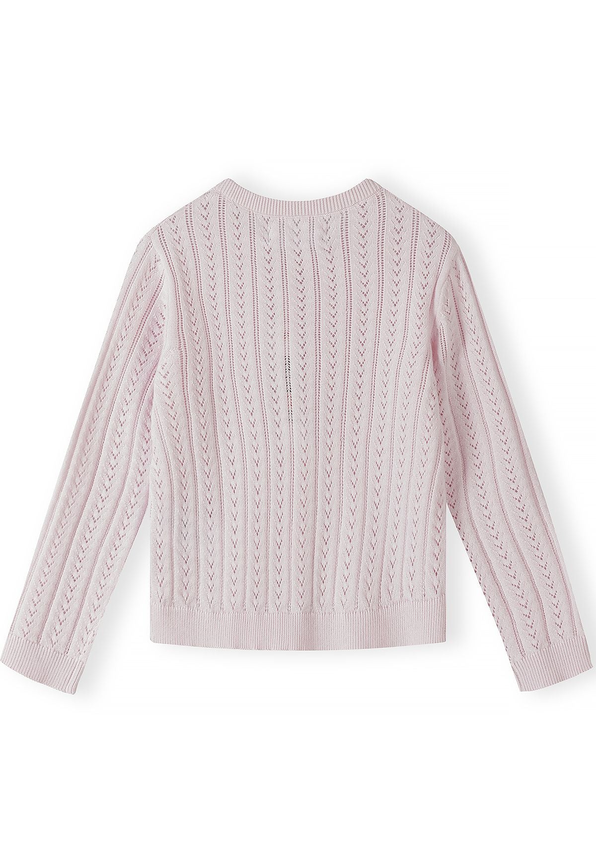Girls' pink pointelle cardigan with a ribbed round neck – Minoti 32KNIT154, 2