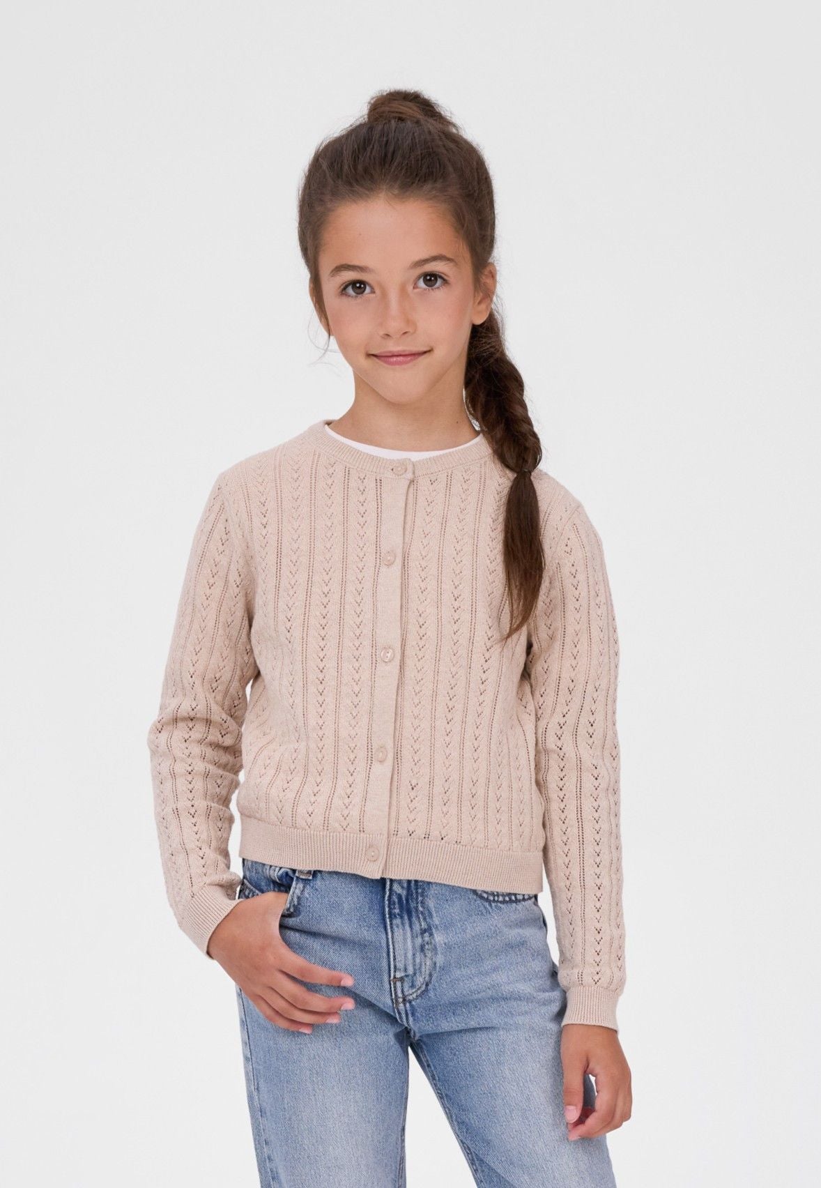 Girls' stone pointelle cardigan with a ribbed round neck – Minoti 32KNIT155