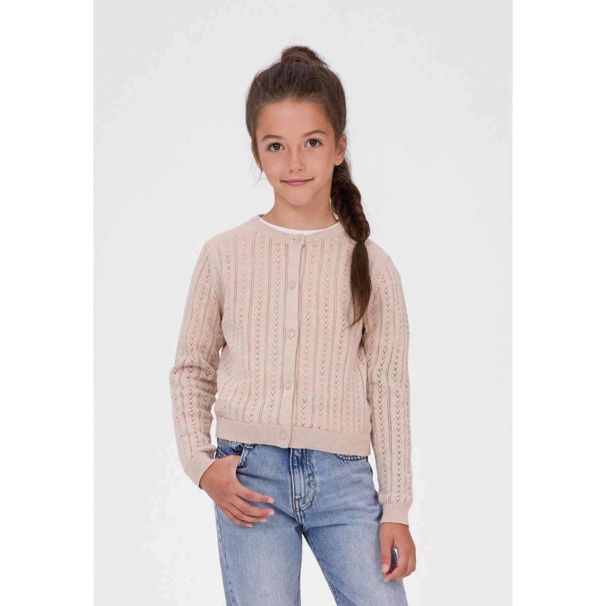 Girls' pointelle cardigan in beige — complete product view for square Shop card