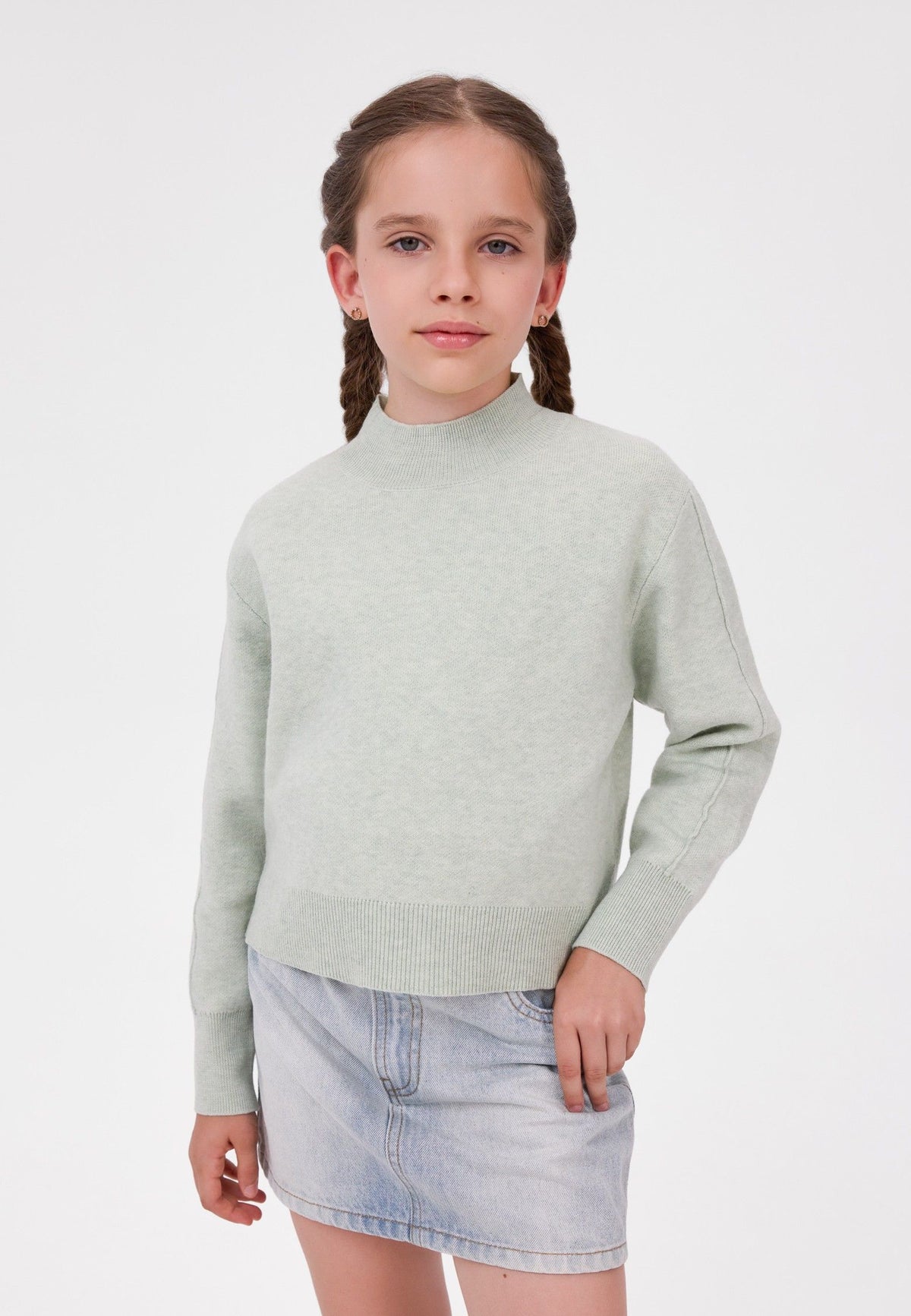 Girls' mint jumper with a high neck and drop shoulders – Minoti 32KNIT171