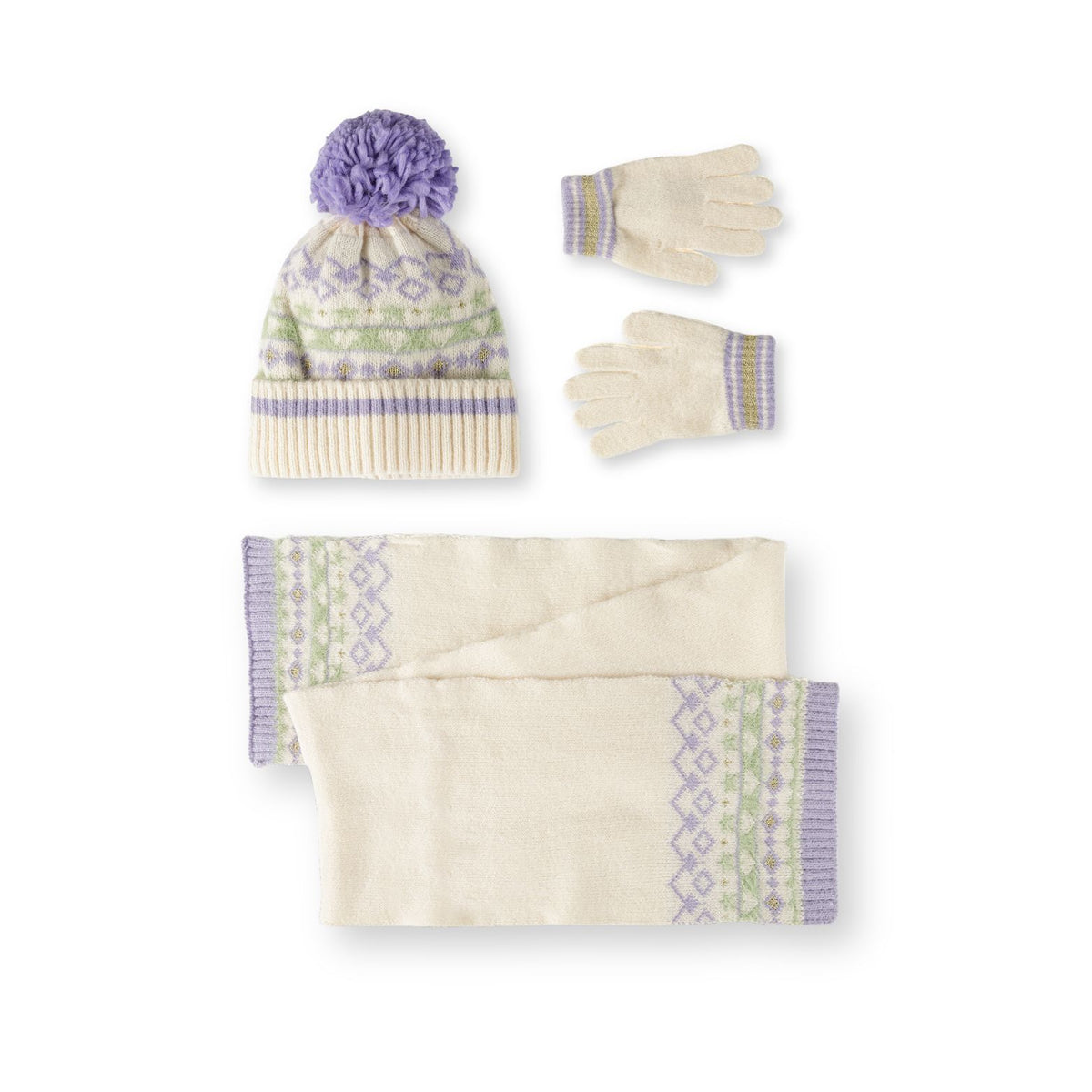 Girls' patterned hat, scarf and gloves set in cream — complete product view for square Shop card