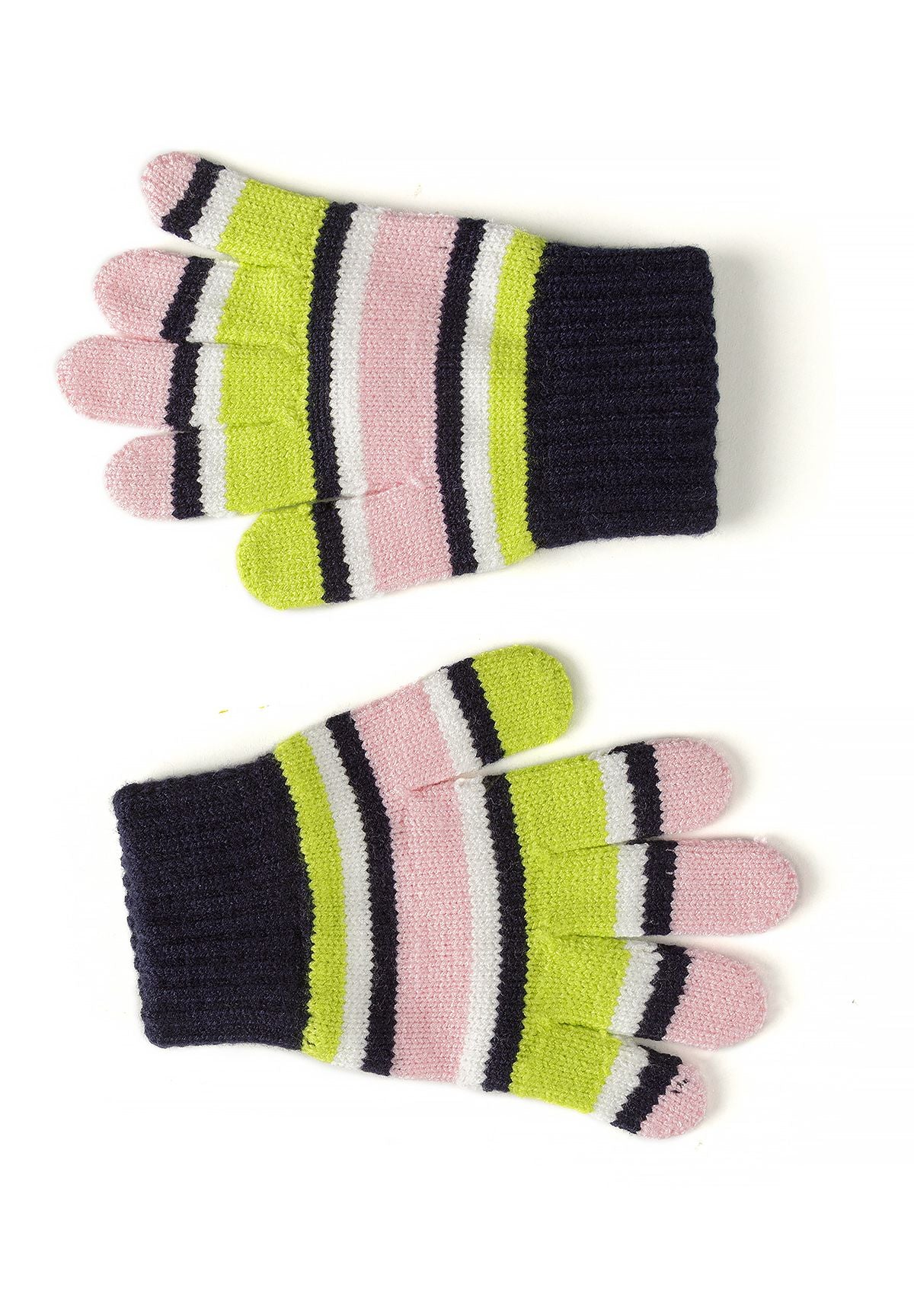 Set composto da berretto con pompon e guanti a righe blu navy, rosa e verde lime per bambina.