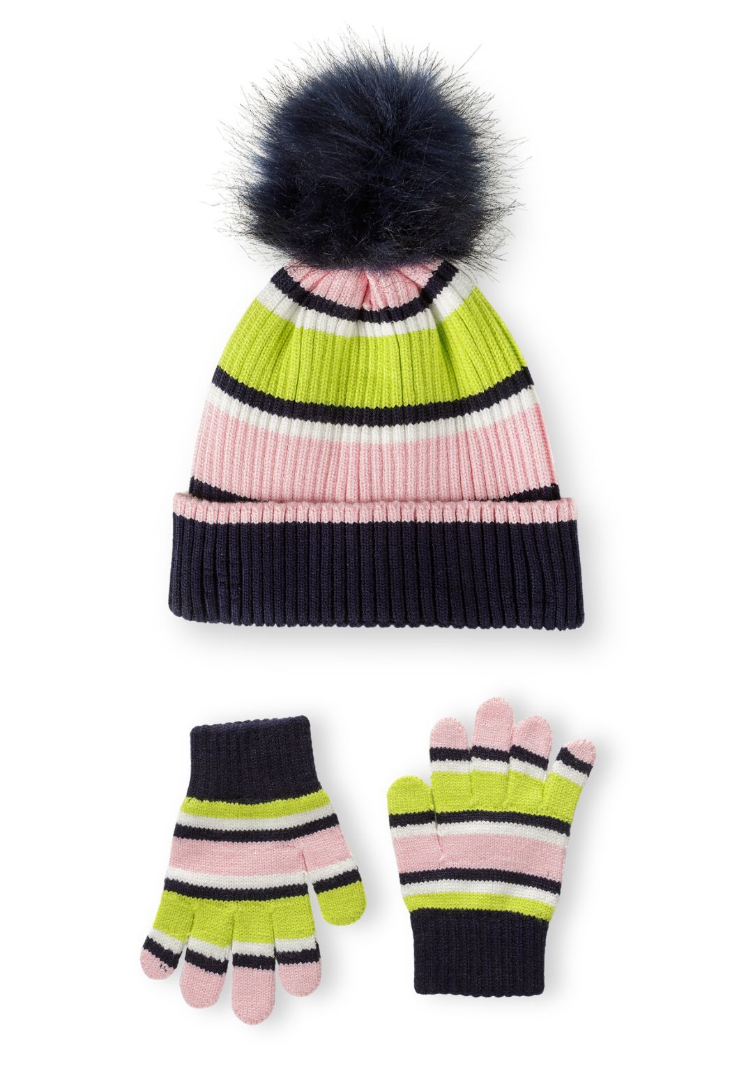 Girls' multicolour hat and gloves set with a faux fur pom – Minoti 32HAT102