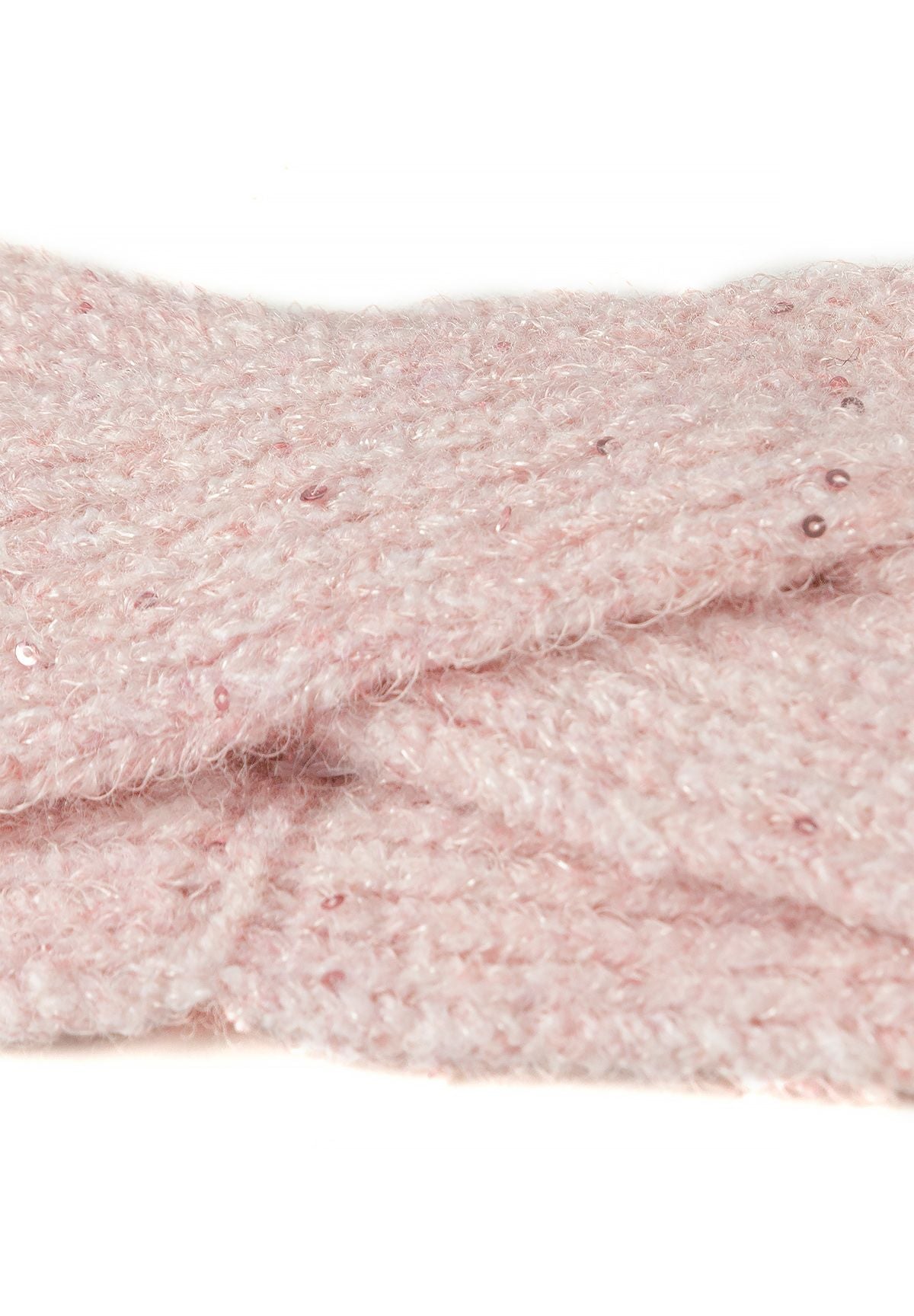 Bordeauxrode en roze glinsterende gebreide haarbanden voor meisjes (set van 2), detail van de gedraaide voorkant.