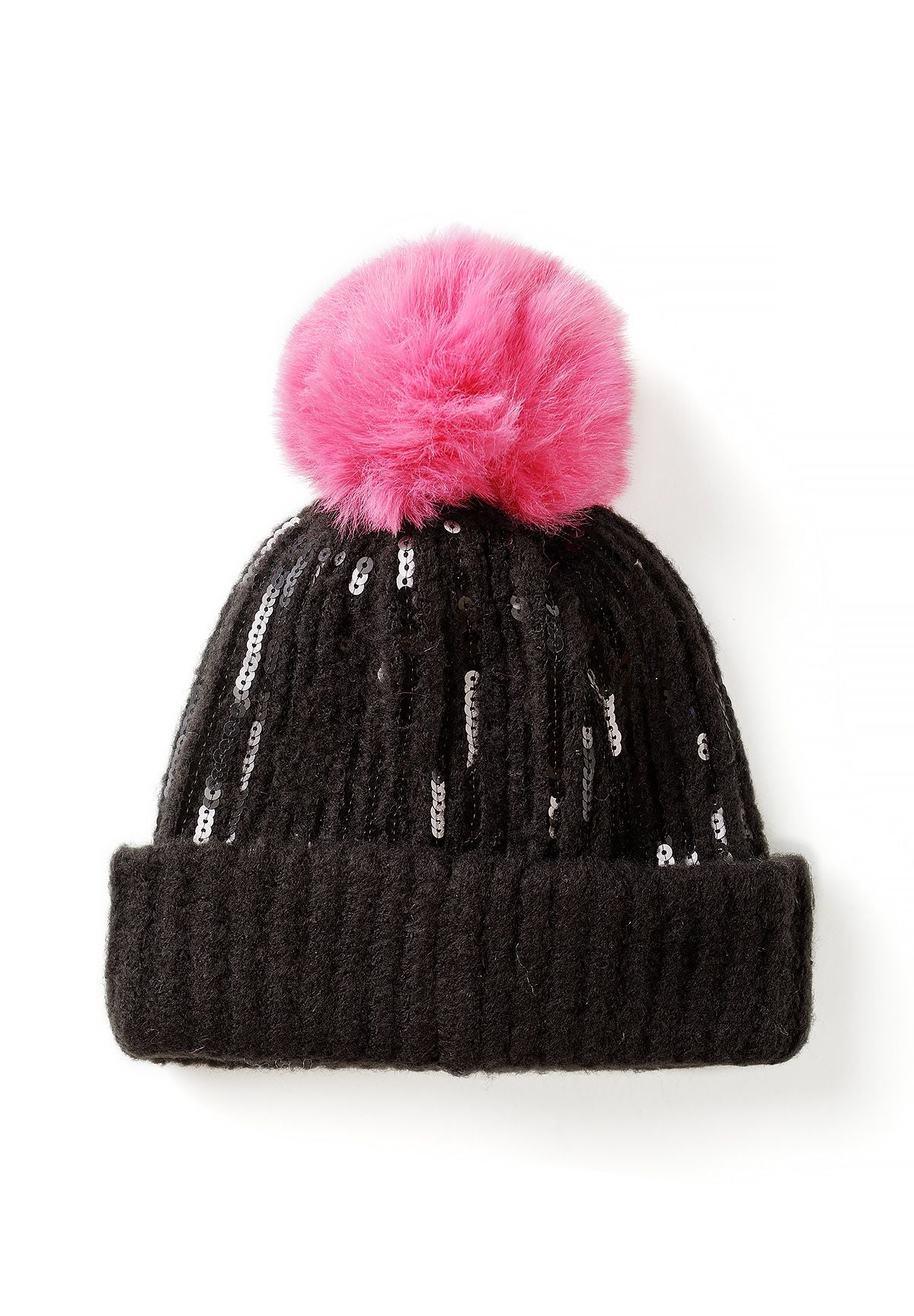 Black rib-knit beanie with silver sequin rows and bright pink fluffy pompom.