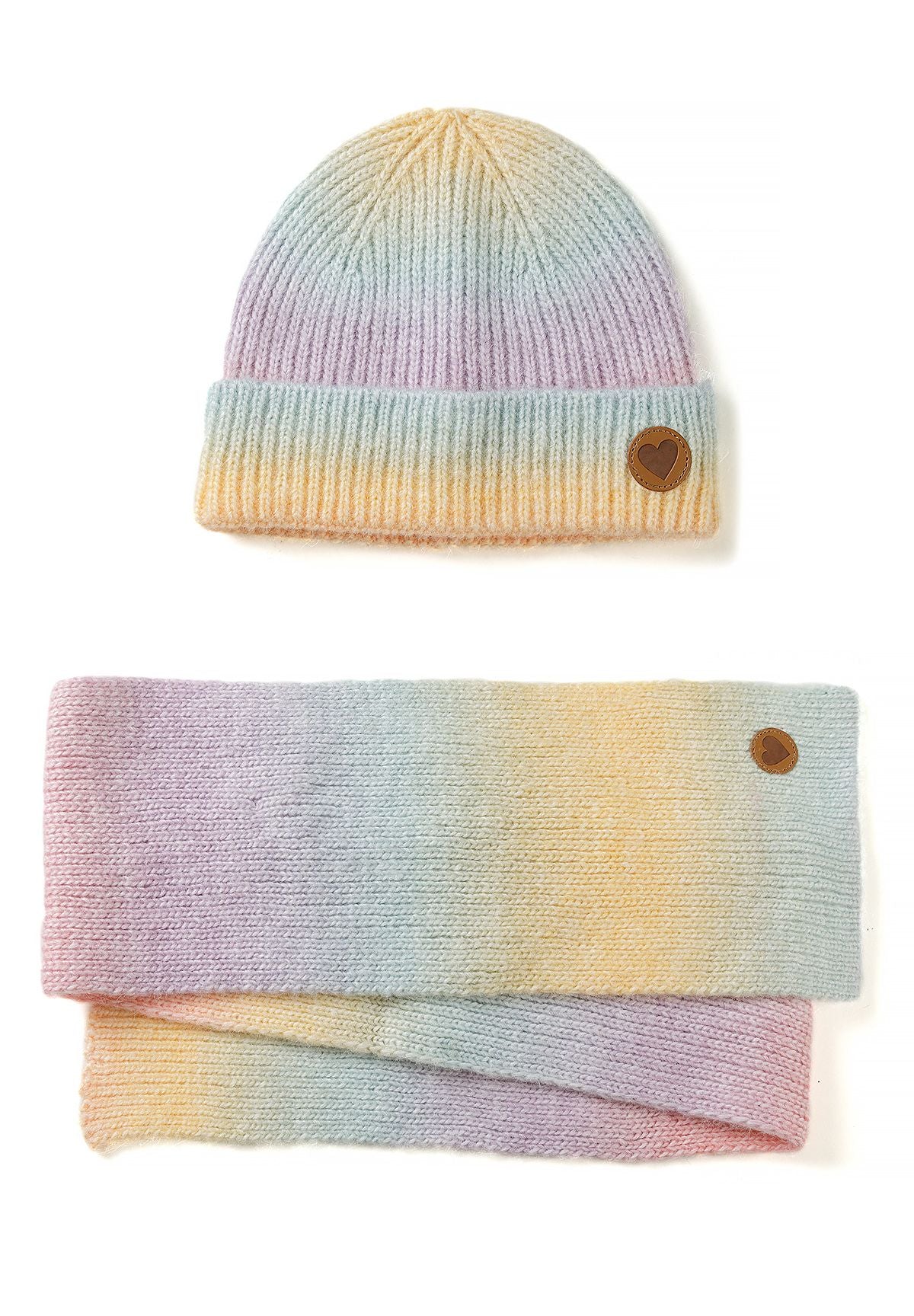Ensemble bonnet et écharpe arc-en-ciel lilas pour fille, comprenant un bonnet et une écharpe.
