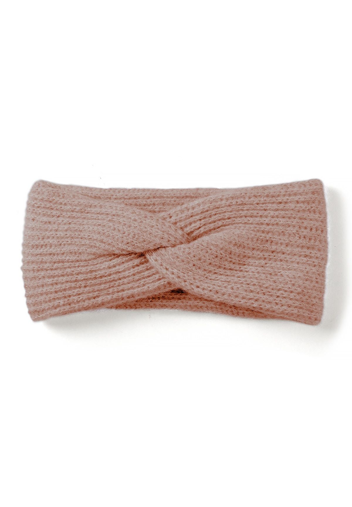 Dusty pink rib-knit headband with a crossed twist at the centre front.