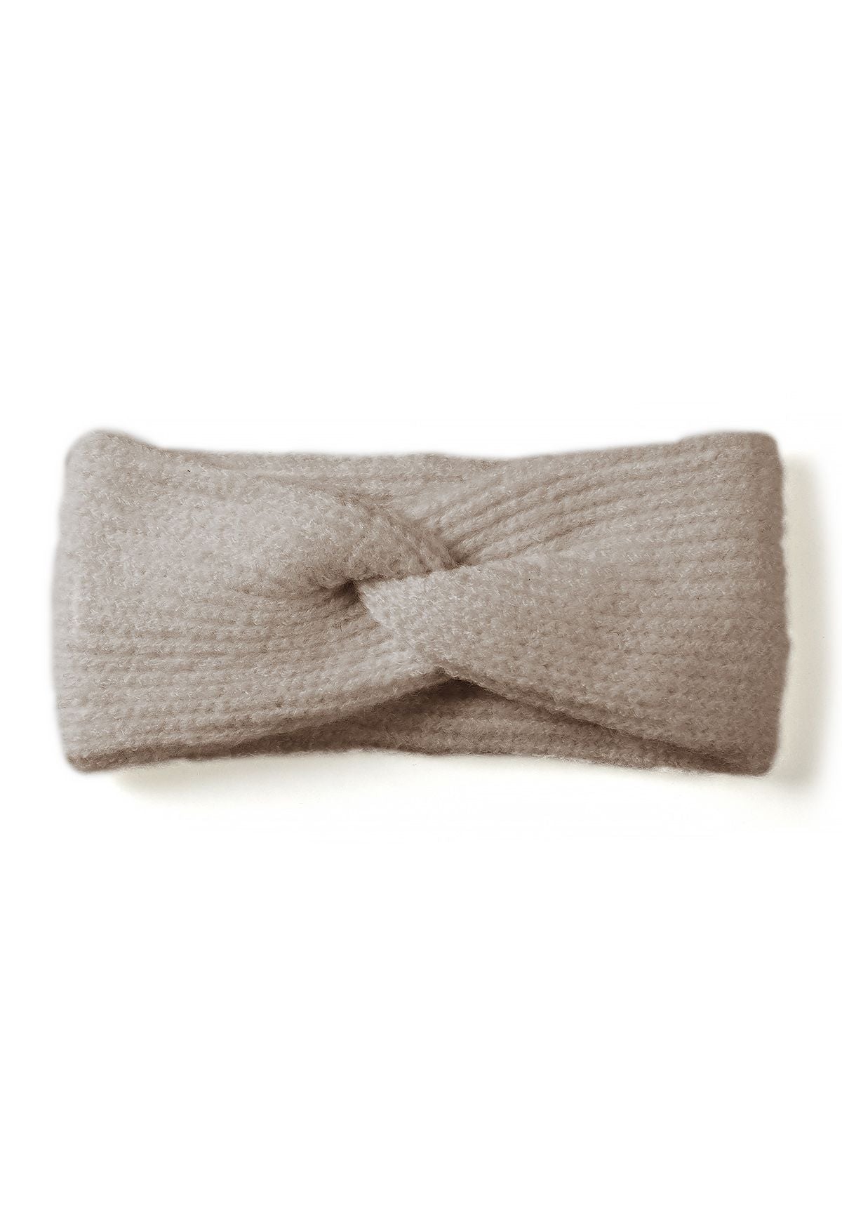 Warm beige rib-knit headband with a gathered twist at the front.