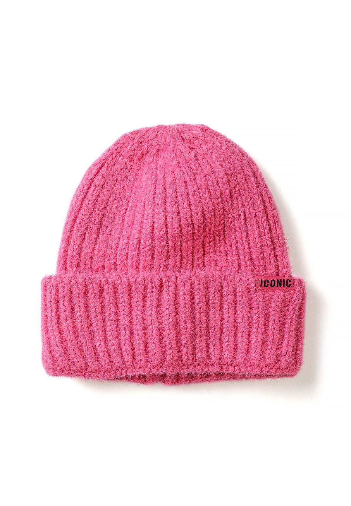 Bonnet côtelé rose et noir pour fille avec écusson Iconic (lot de 2), bonnet rose.