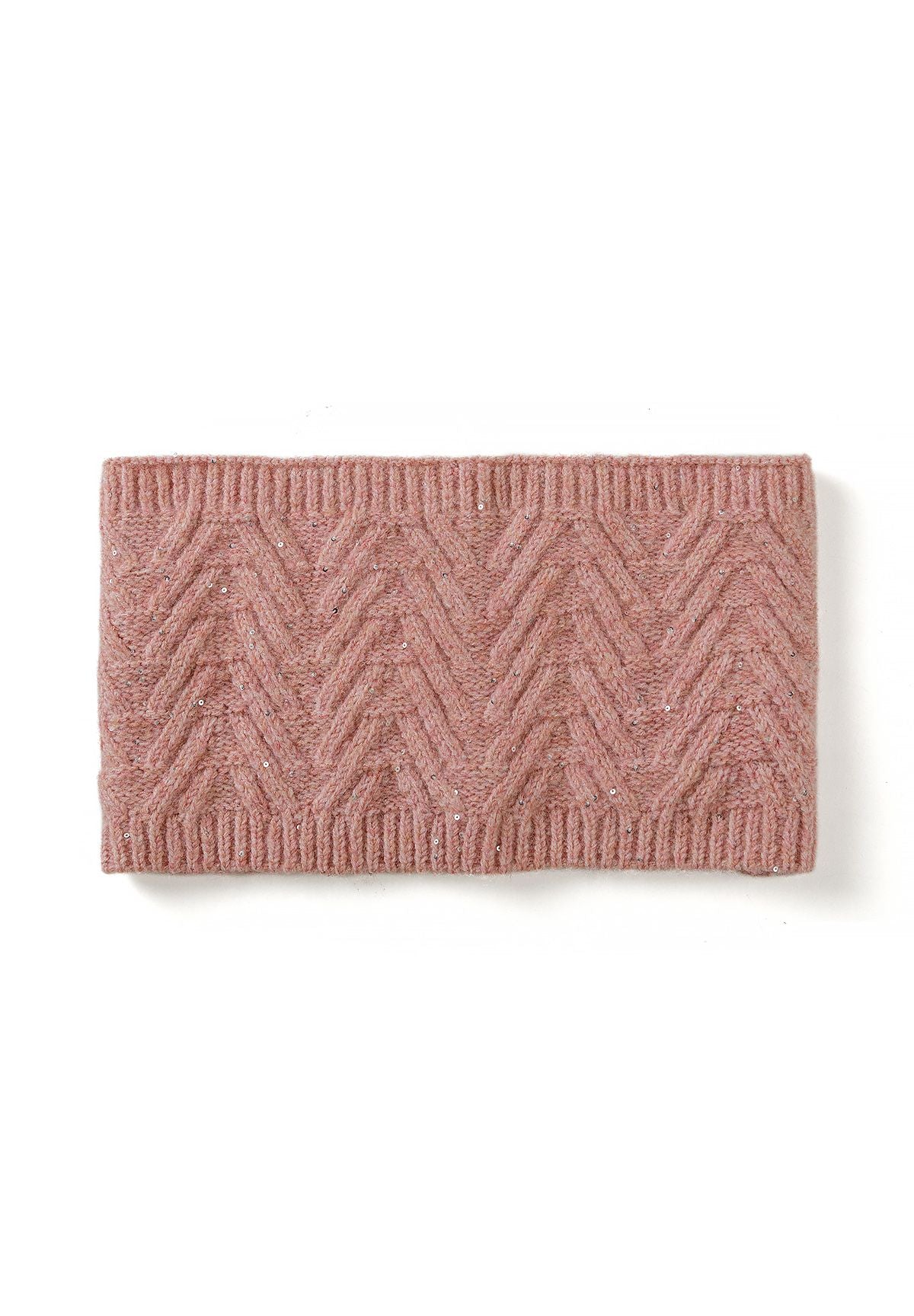Flat front of dusty pink chevron-knit snood with ribbed edges and scattered sequins.