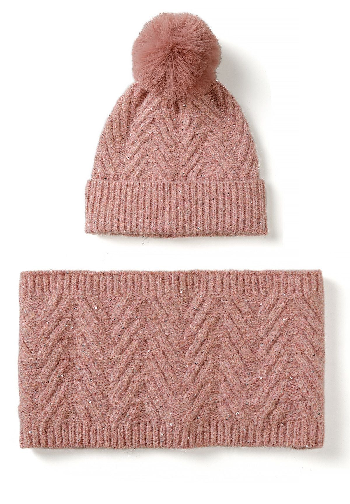 Dusty pink chevron-knit beanie with pompom and matching sequin-studded snood.