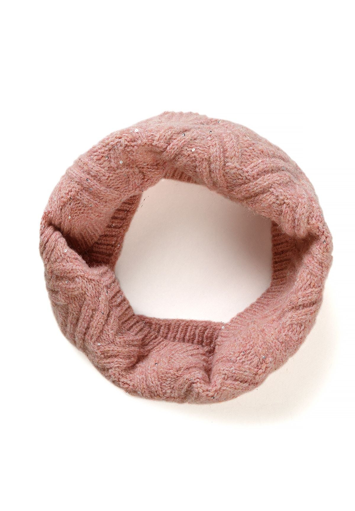Dusty pink knitted snood seen as a closed loop with raised chevrons and small sequins.