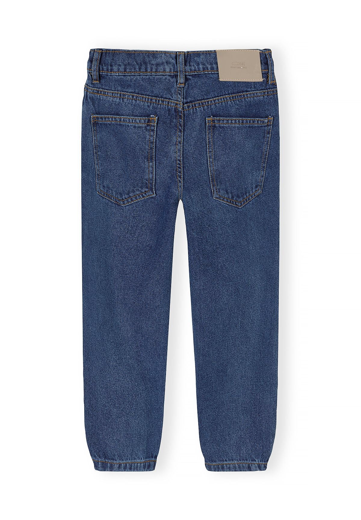 Back of blue barrel-leg jeans with two patch pockets and tapered hems.