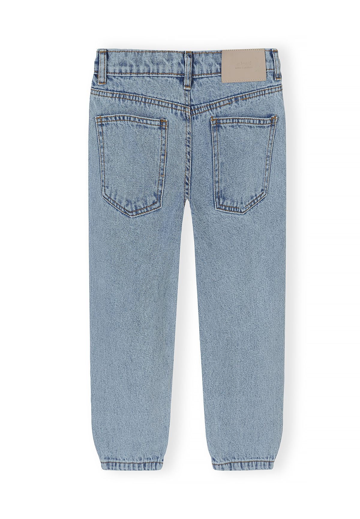 Back of light blue barrel-leg jeans with two patch pockets and pleated tapered hems.