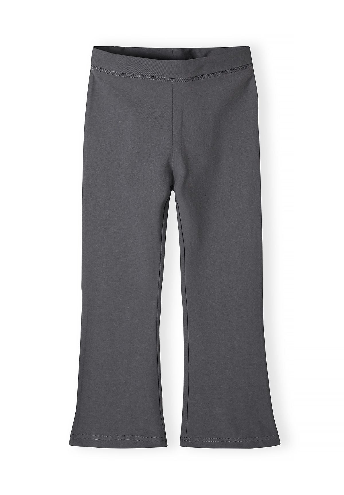 Front of charcoal grey leggings with flat waistband and flared lower legs.