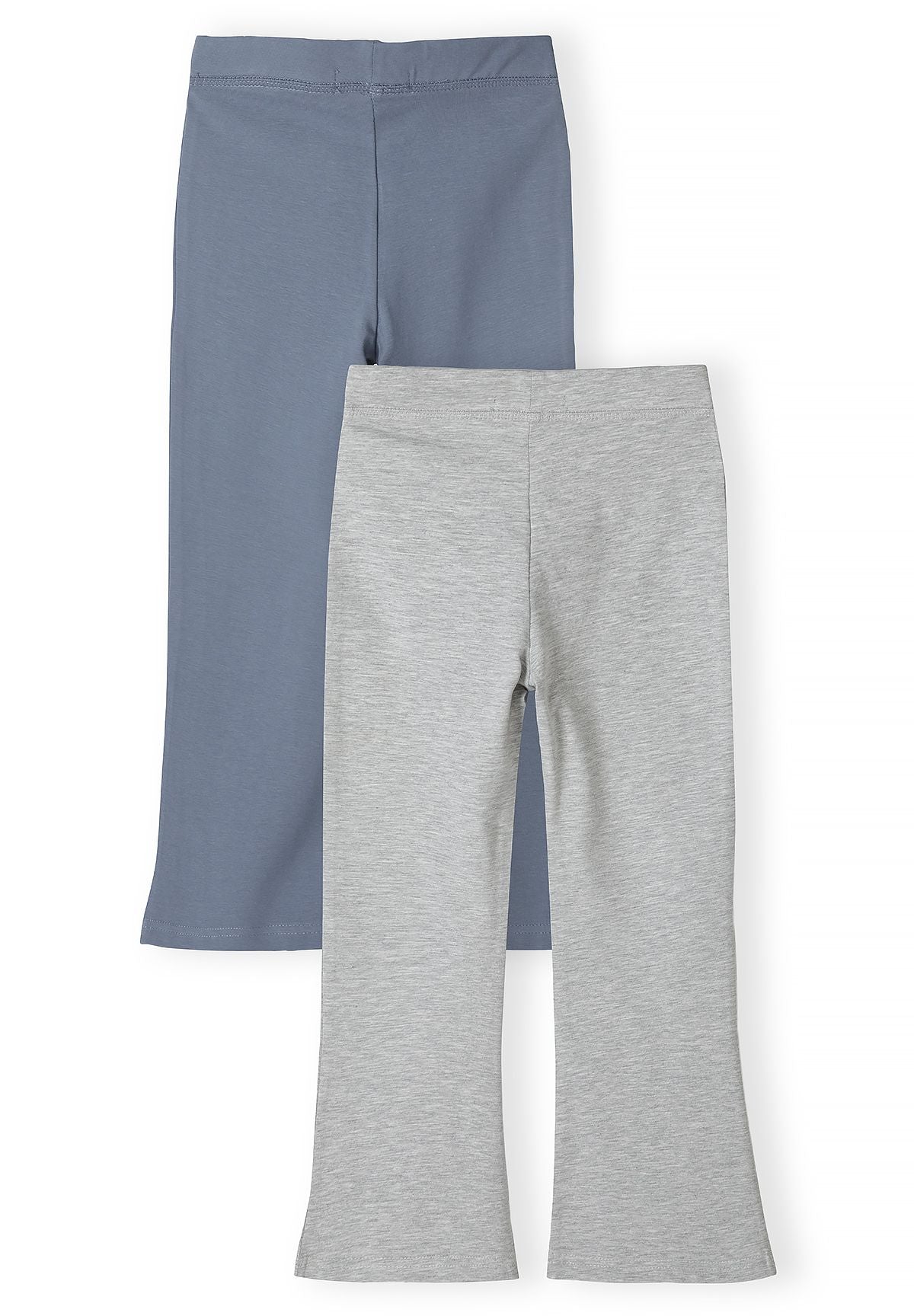 Backs of blue and heather-grey leggings with widening lower legs.