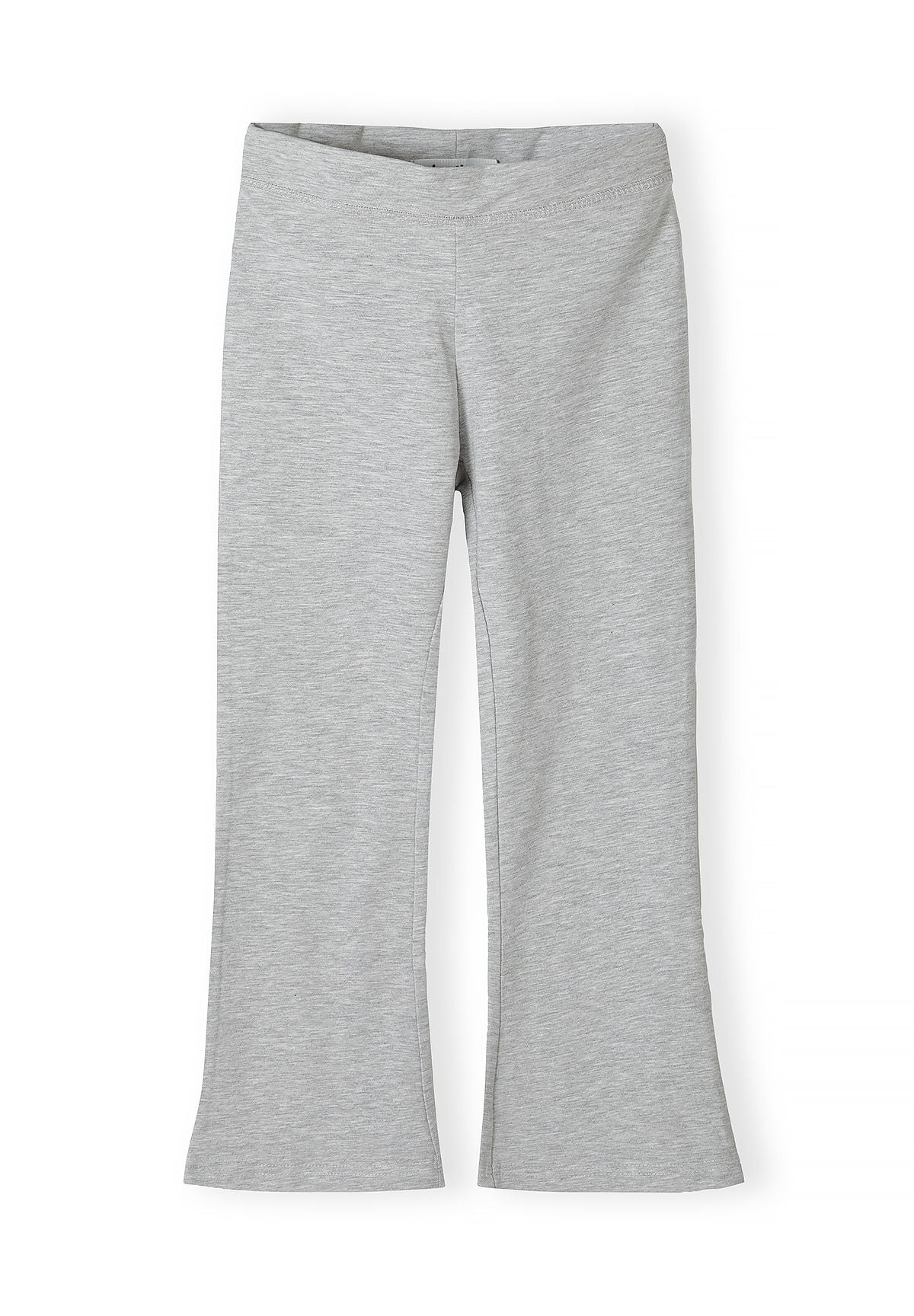Front of light heather-grey leggings with wide waist and flared hems.