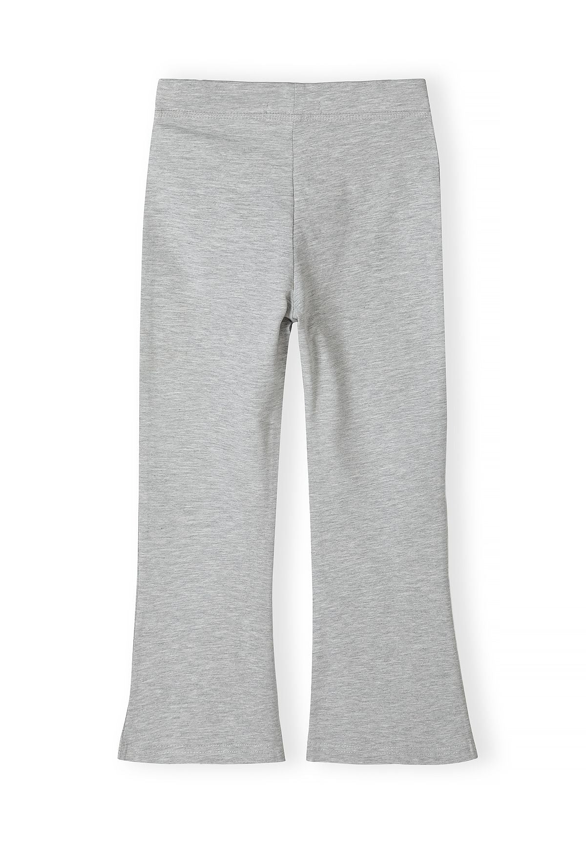 Plain back of light heather-grey flared leggings with centre seam.