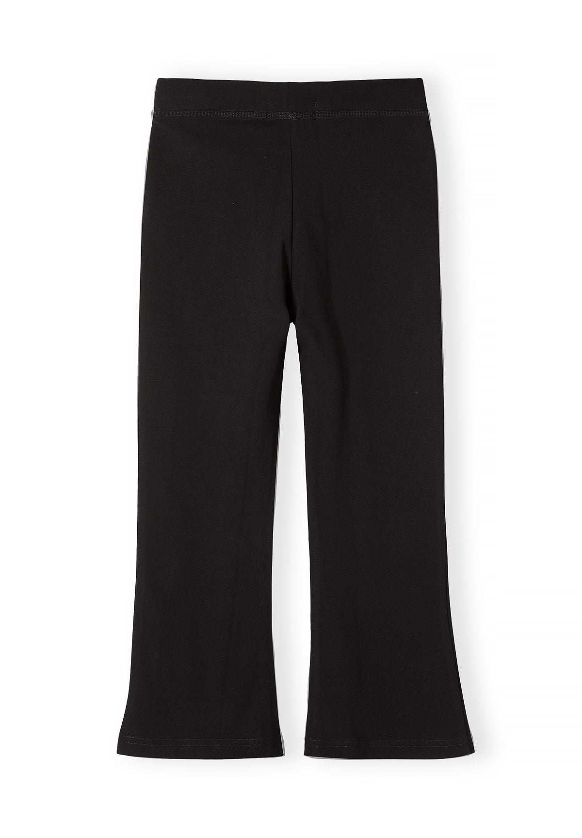 Plain back of black flared leggings with no visible pockets.