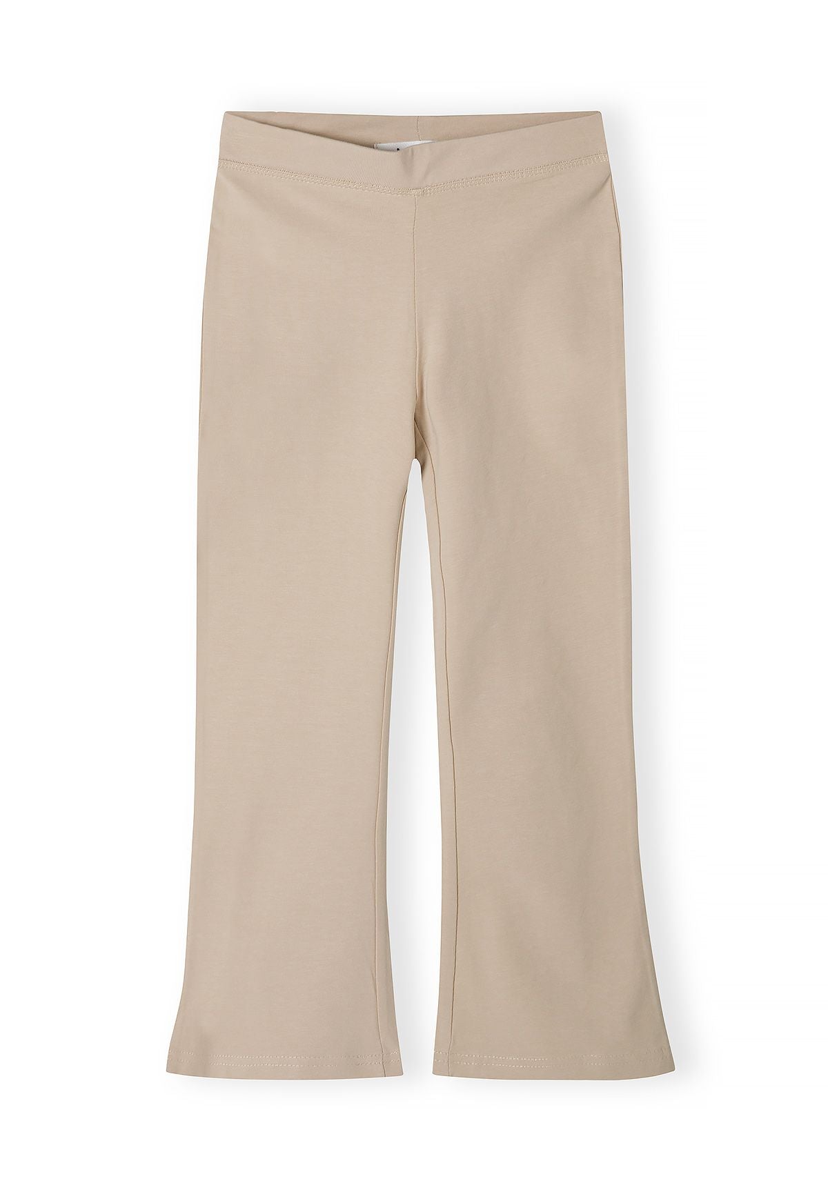 Front of sand beige leggings with a shallow V waist and flared legs.