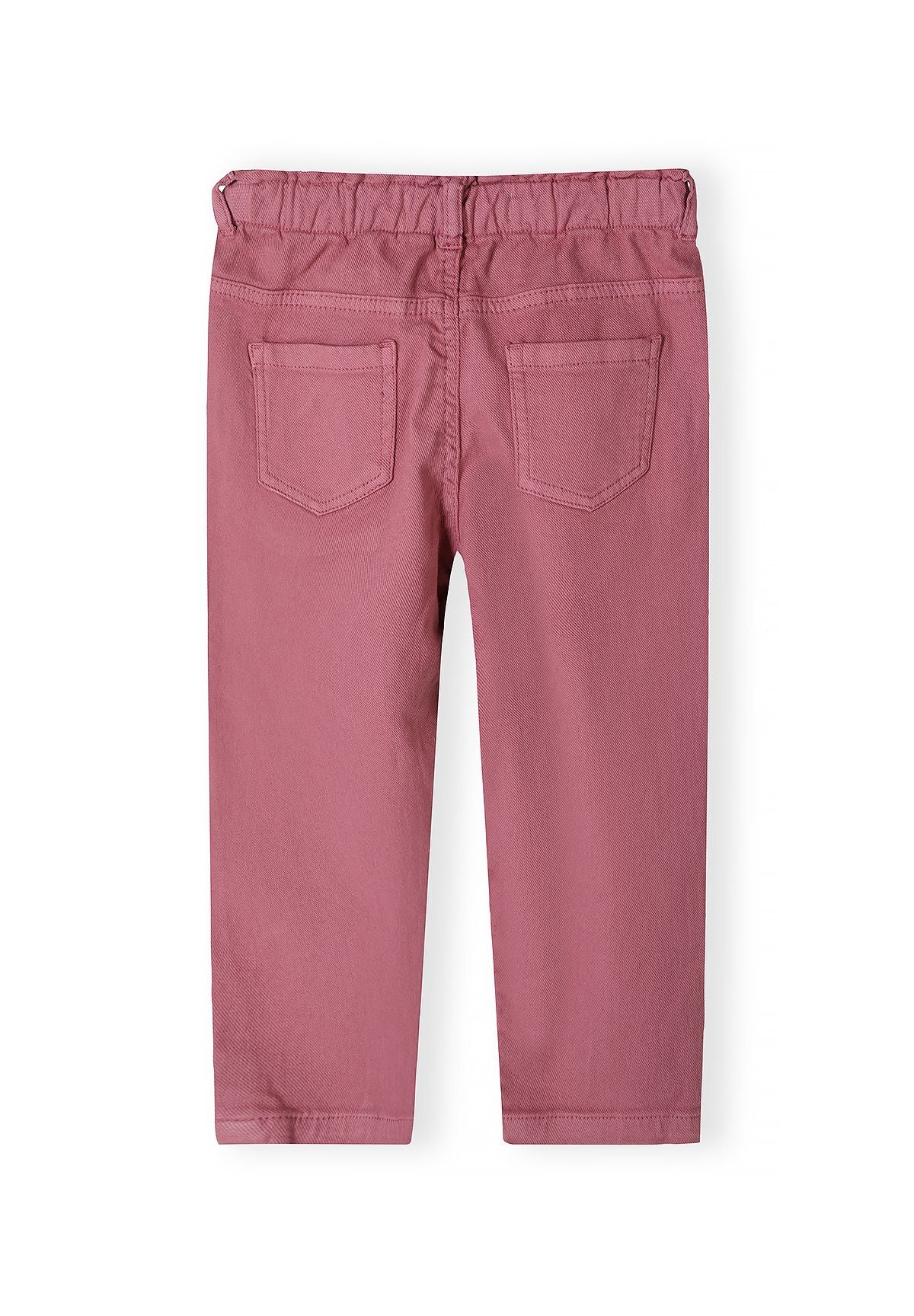 Back of dusty pink trousers with gathered waist and two patch pockets.