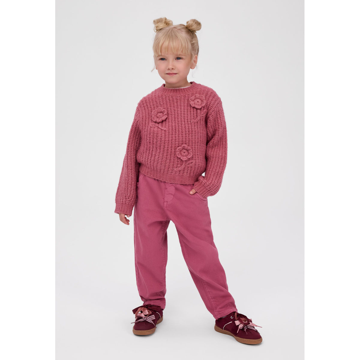 Girls' paperbag-waist trousers in pink — complete product view for square Shop card