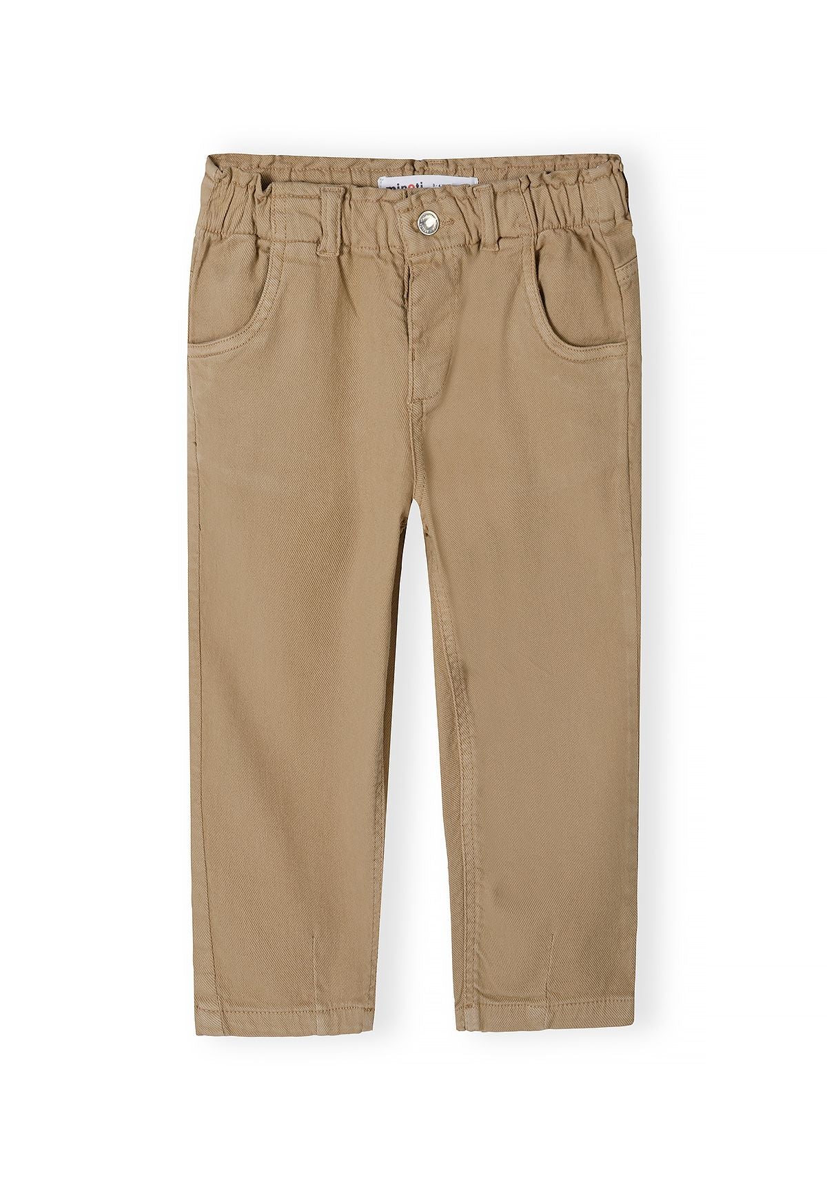 Front of tan trousers with gathered waist, belt loops and curved pockets.