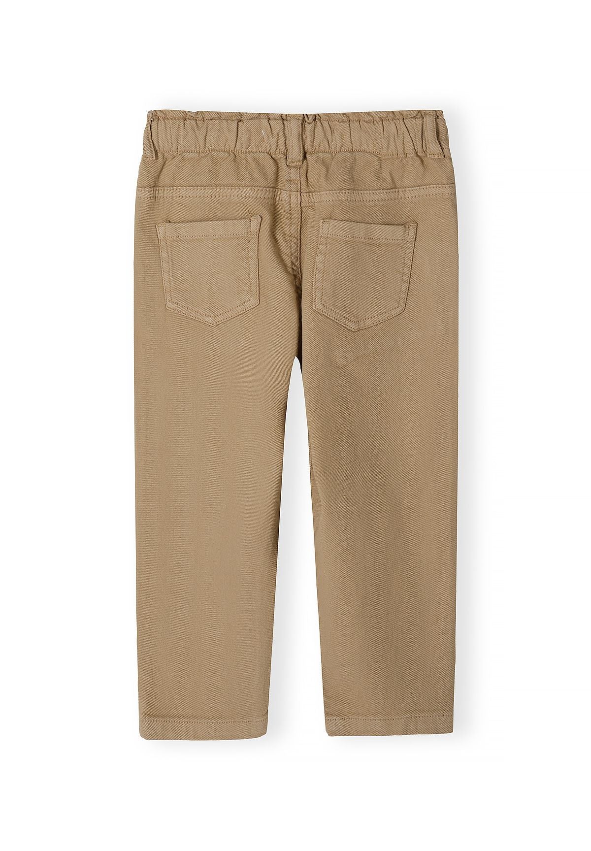 Back of tan trousers with gathered waist and two patch pockets.