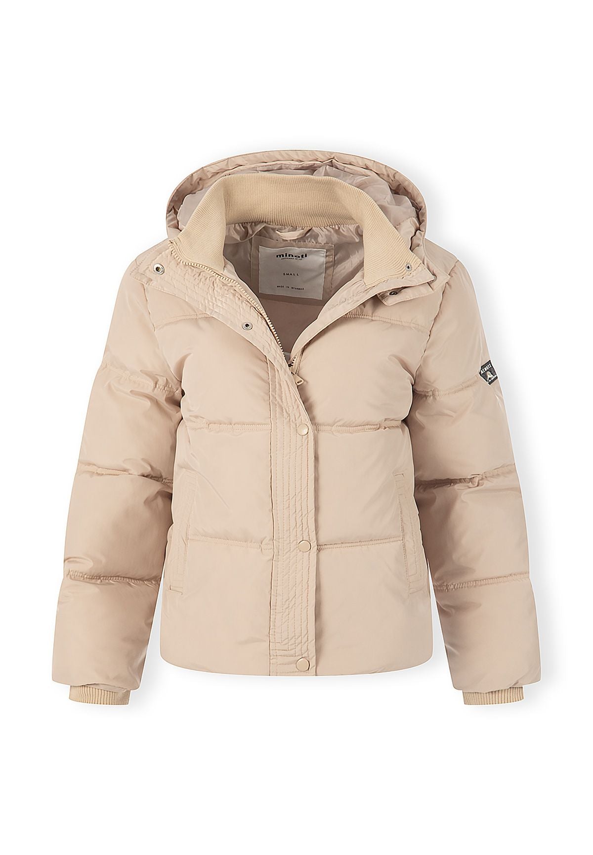 Women's short puffer jacket in beige with hood, open at the neck to show the ribbed collar and hood lining