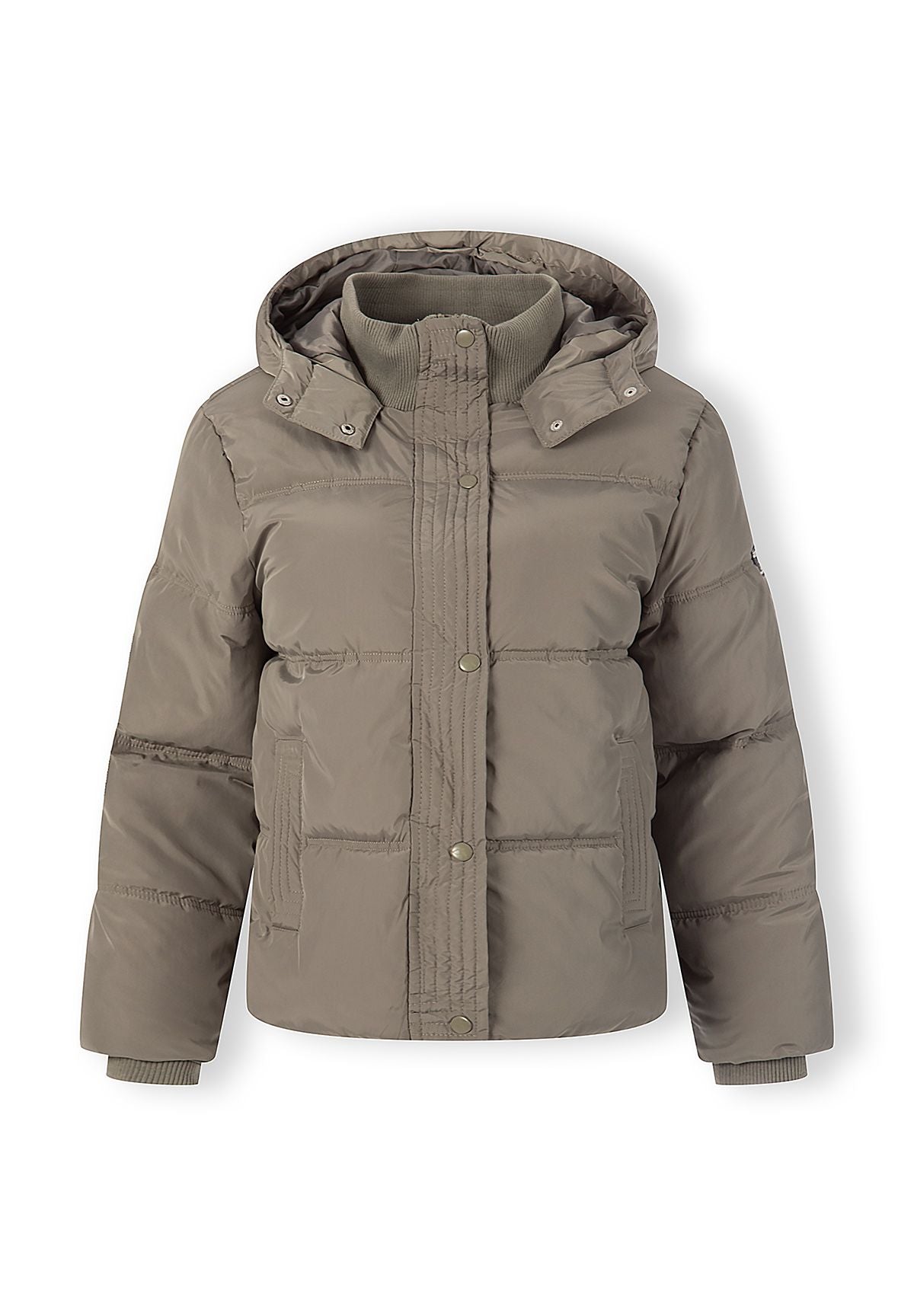 Women's short puffer jacket in khaki with hood, front view