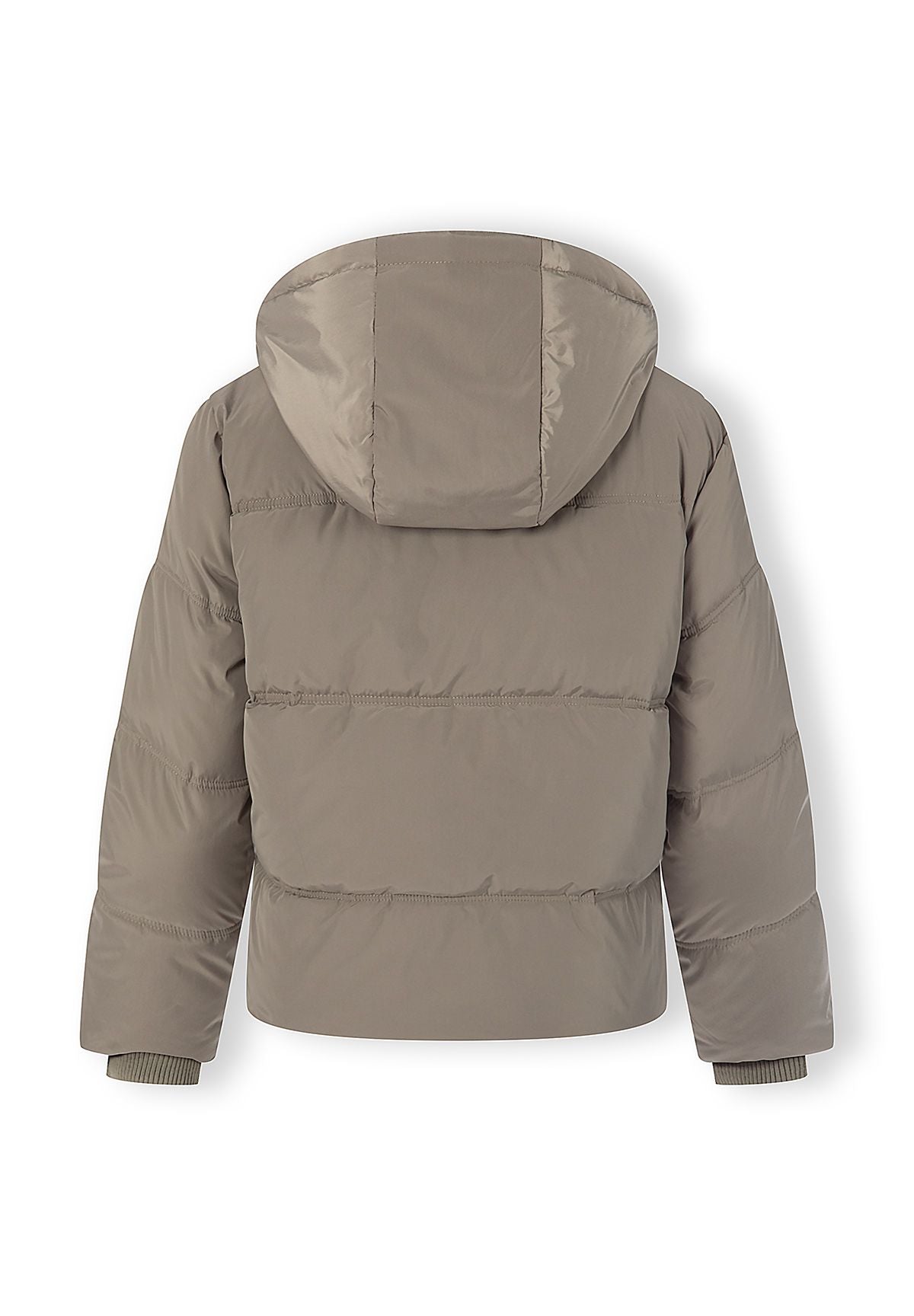 Women's short puffer jacket in khaki with hood, back view